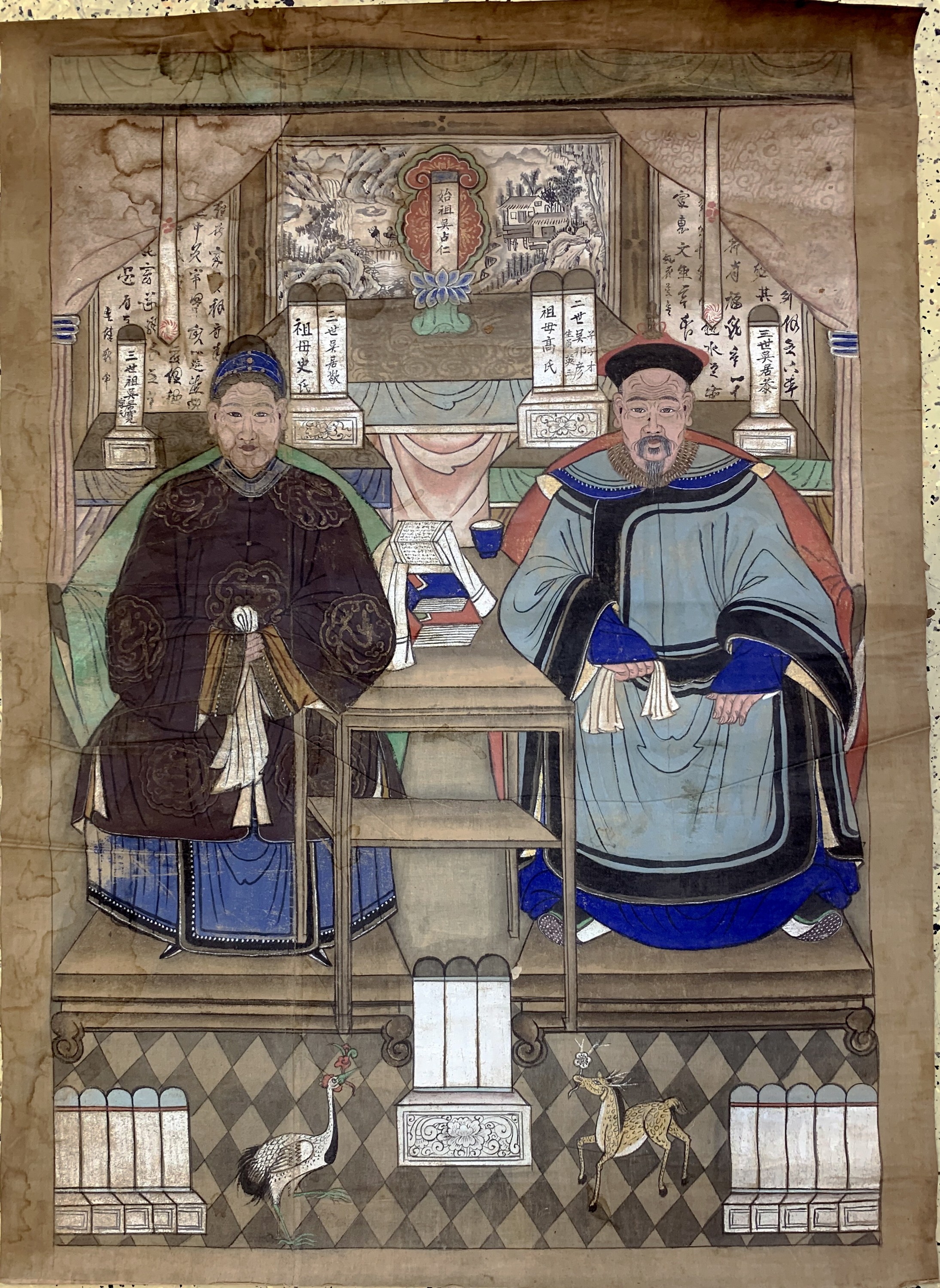 Ahnenbild antik, China, um 1900, Papiermalerei, ca. 133 x 95 cm, EHZ: 2(Wasserflecken)