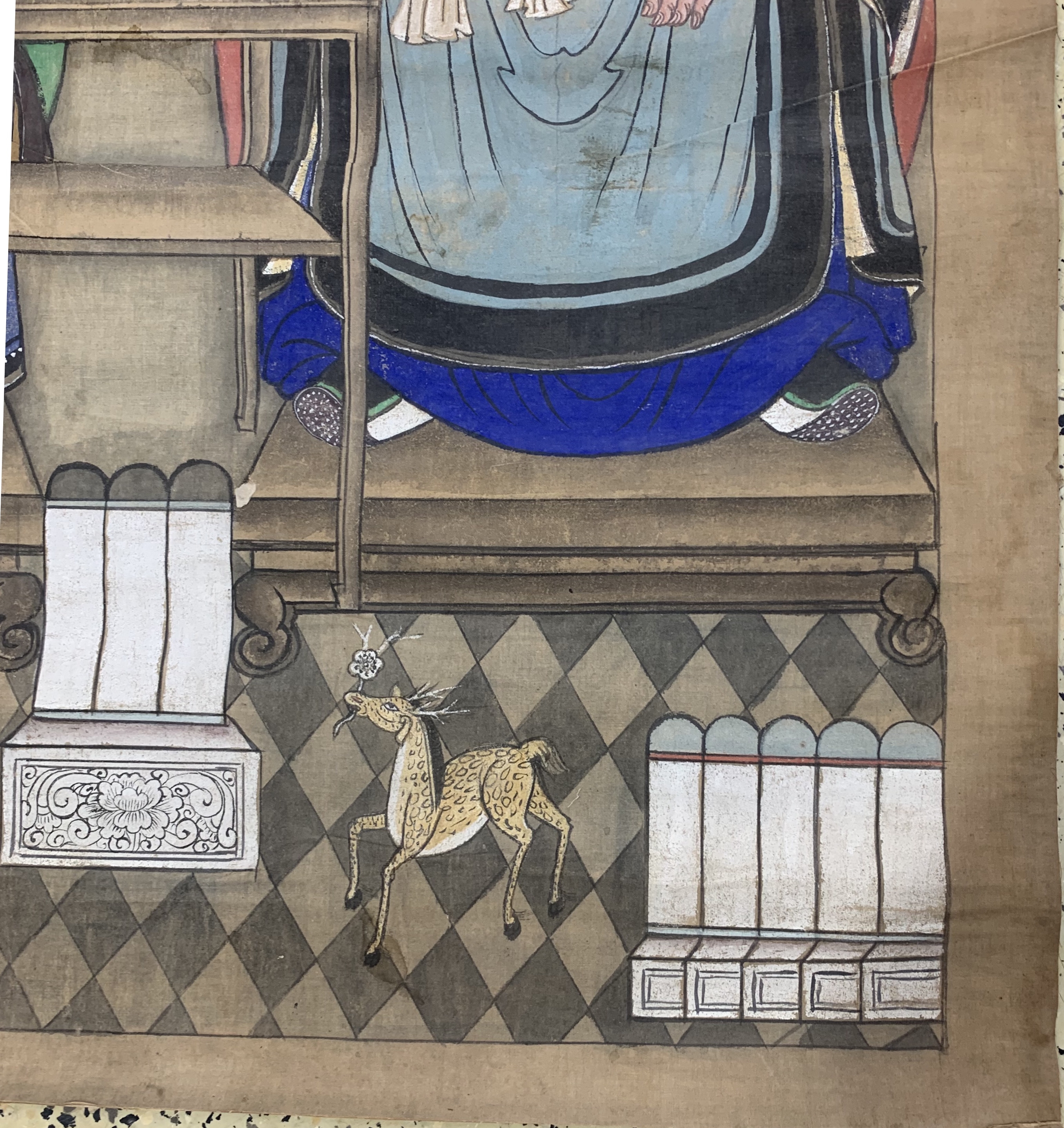 Detail a: Ahnenbild antik, China, um 1900, Papiermalerei, ca. 133 x 95 cm, EHZ: 2(Wasserflecken)