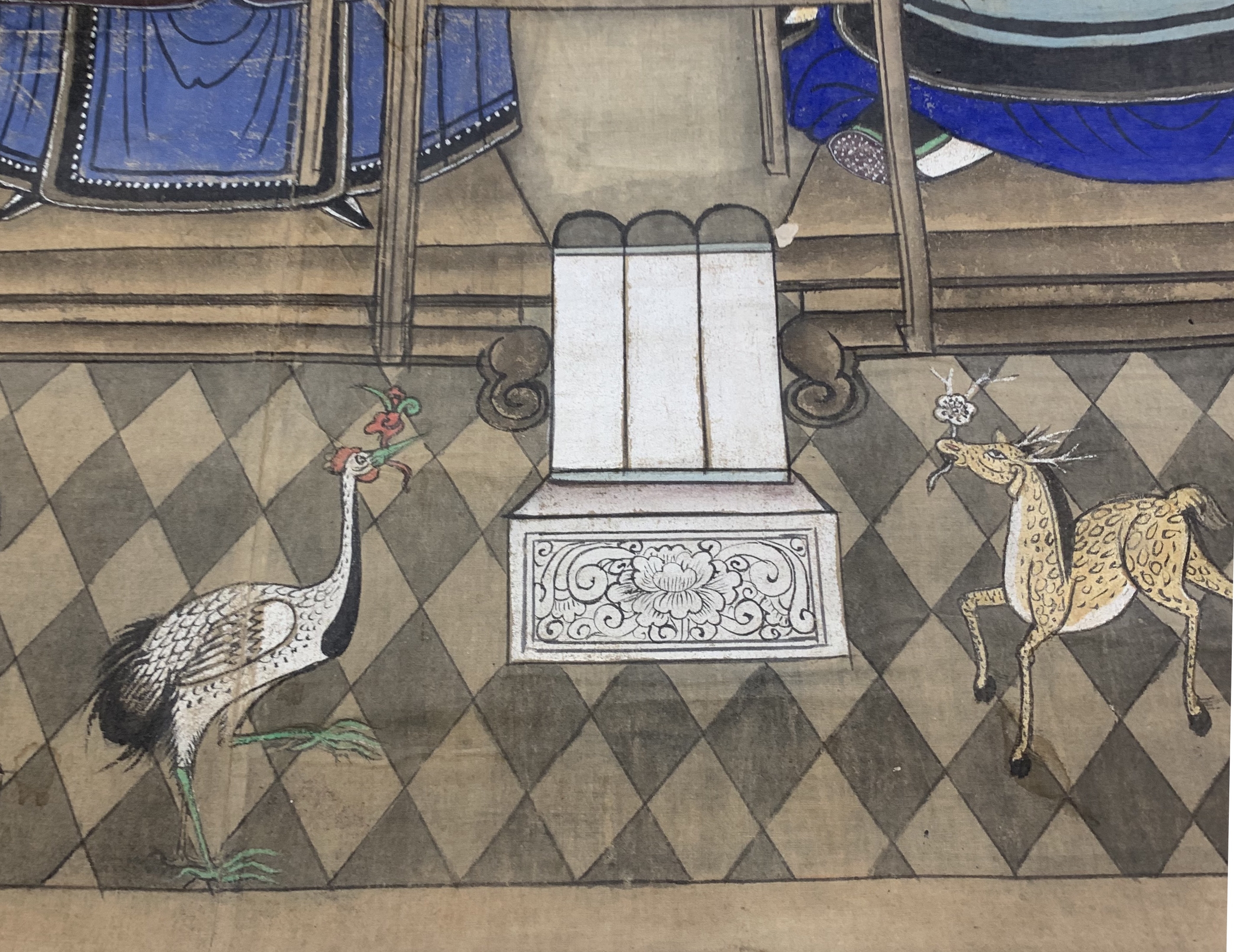 Detail b: Ahnenbild antik, China, um 1900, Papiermalerei, ca. 133 x 95 cm, EHZ: 2(Wasserflecken)