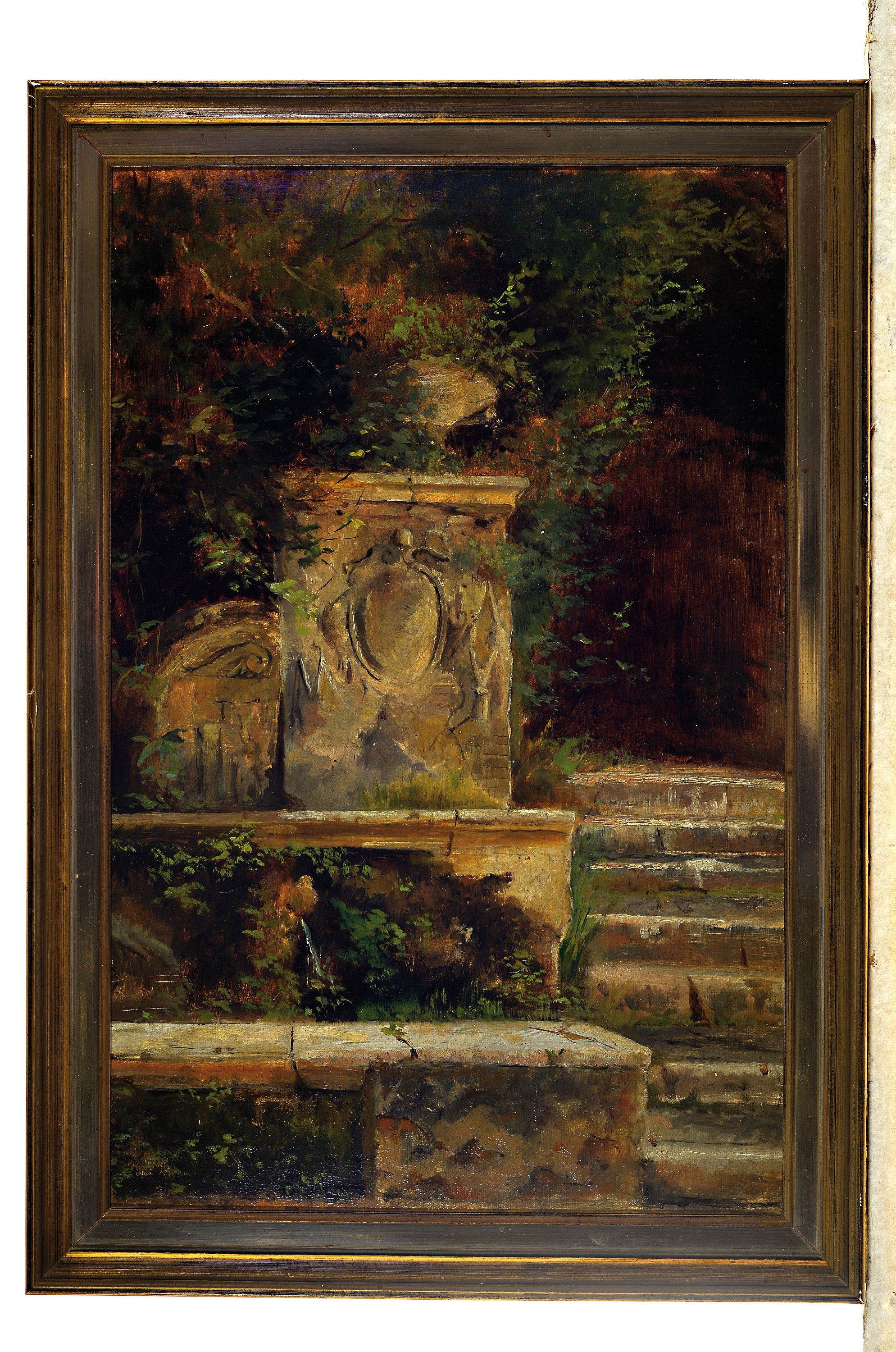 Detail k: Zuschreibung: Adolf von Grundherr zu Altenthann und Weyerhaus, 1848-1908 München, Studie, romantisierende Gartenlandschaft, überwachsener Brunnen ...