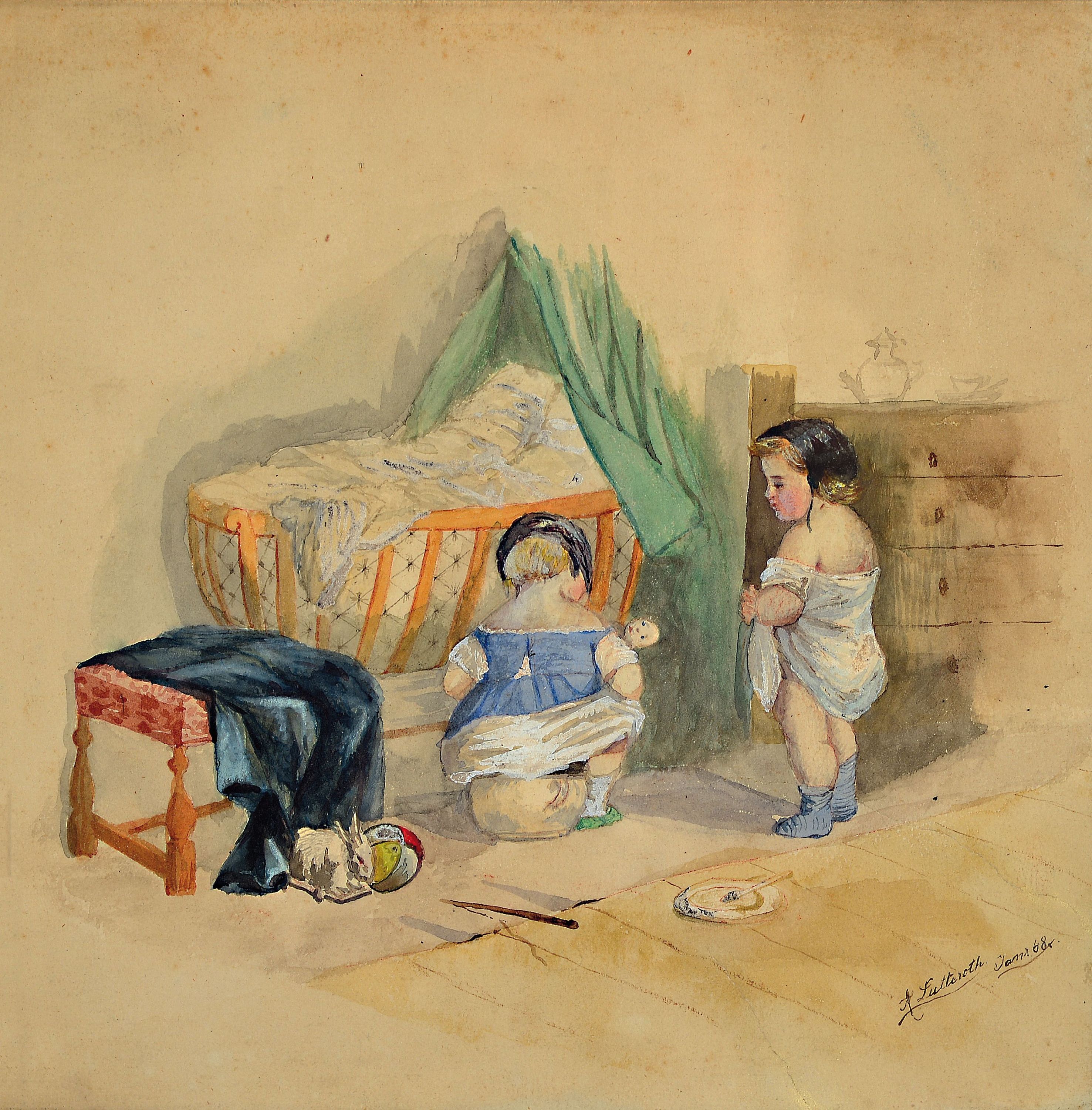 Ascan Lutteroth, 1842-1923 Hamburg, Aquarell, Paar spielende Kinder im Schlafzimmer, signiert und datiert 1868, unter Glas gerahmt 22x22 cm