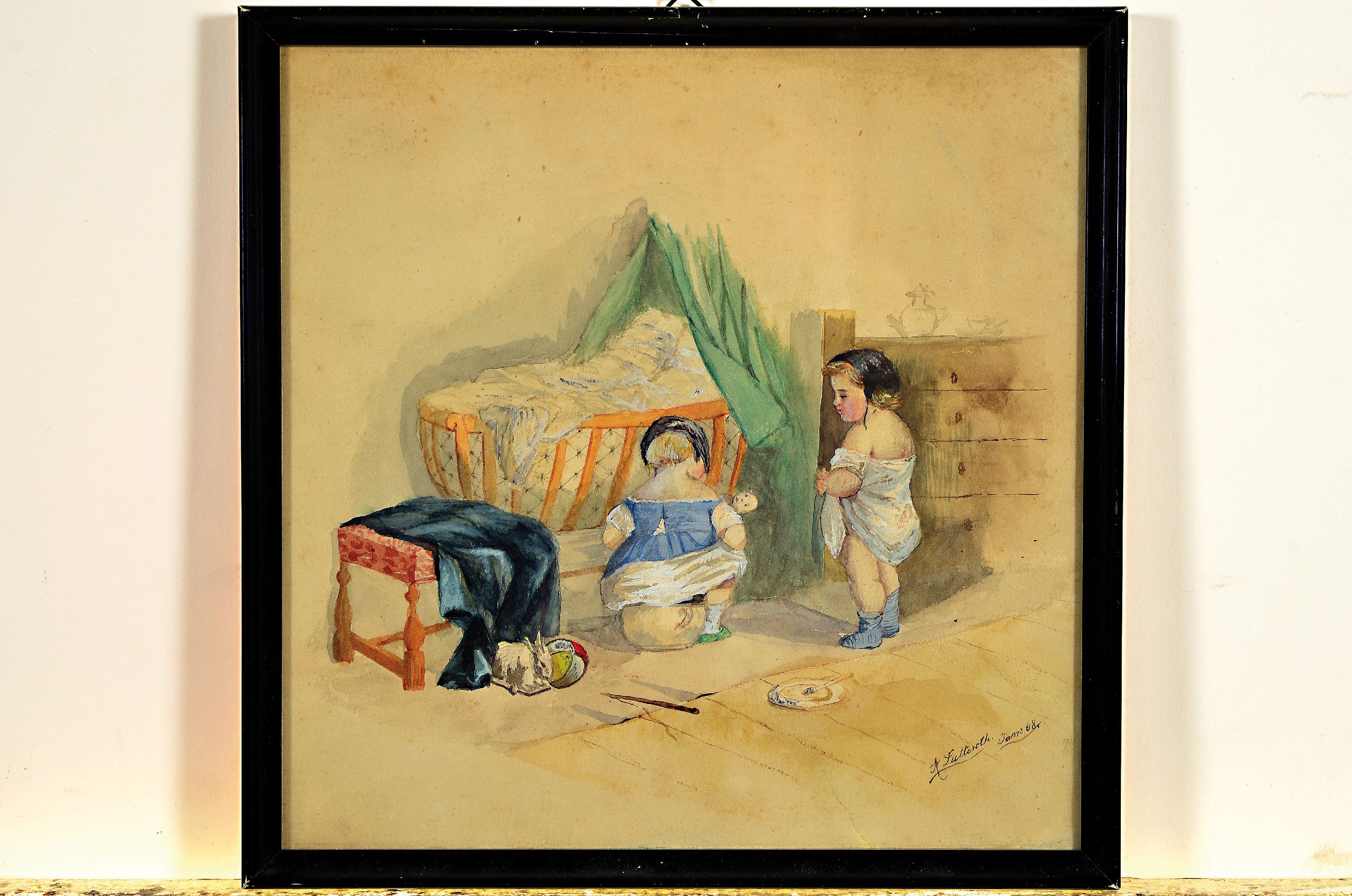 Detail k: Ascan Lutteroth, 1842-1923 Hamburg, Aquarell, Paar spielende Kinder im Schlafzimmer, signiert und datiert 1868, unter Glas gerahmt 22x22 cm