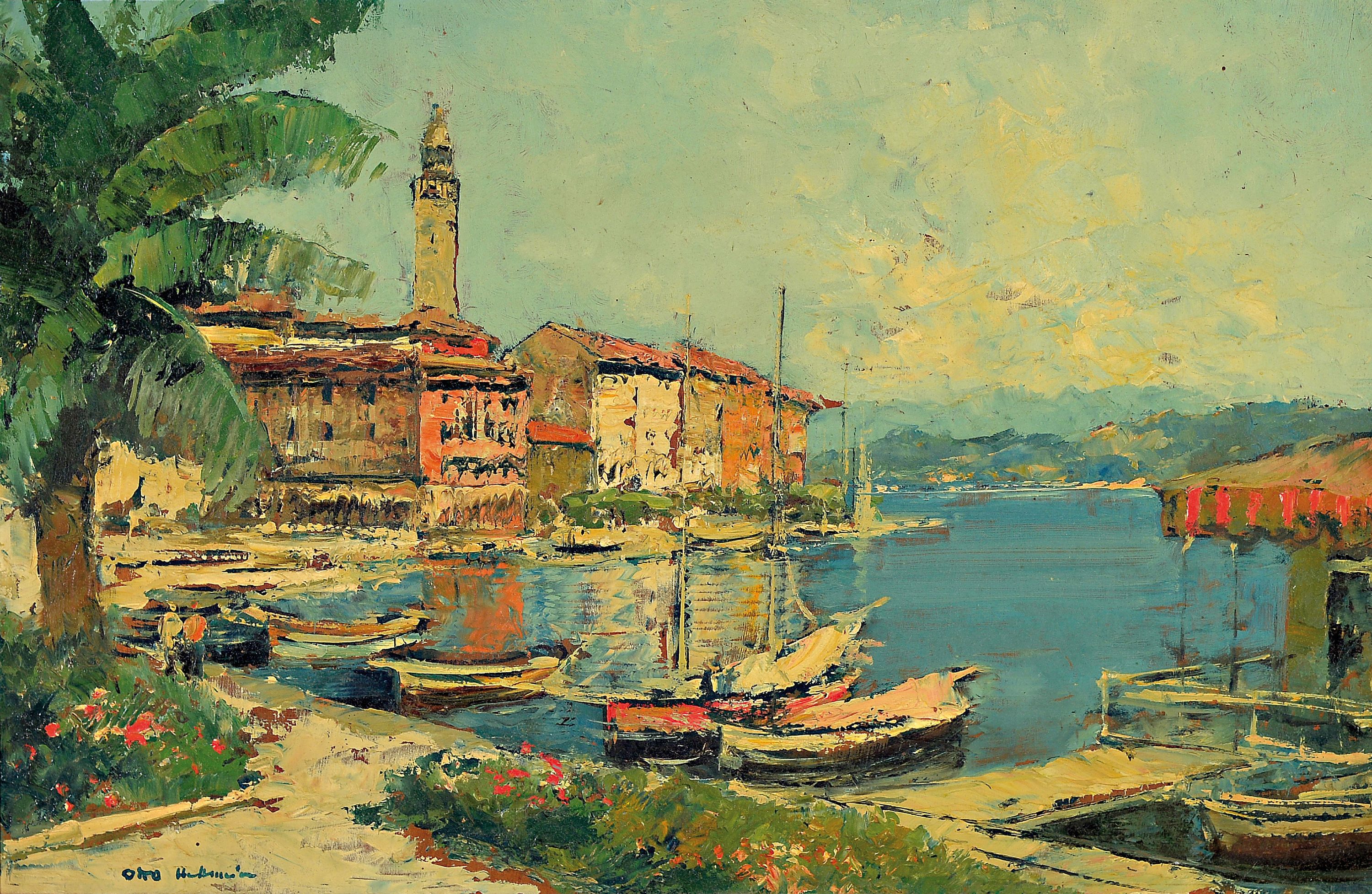 Otto Hellmeier, 1908-1996 Weilheim, italienische Hafenlandschaft, links unten signiert, Öl/Karton, Rahmen 53x73 cm