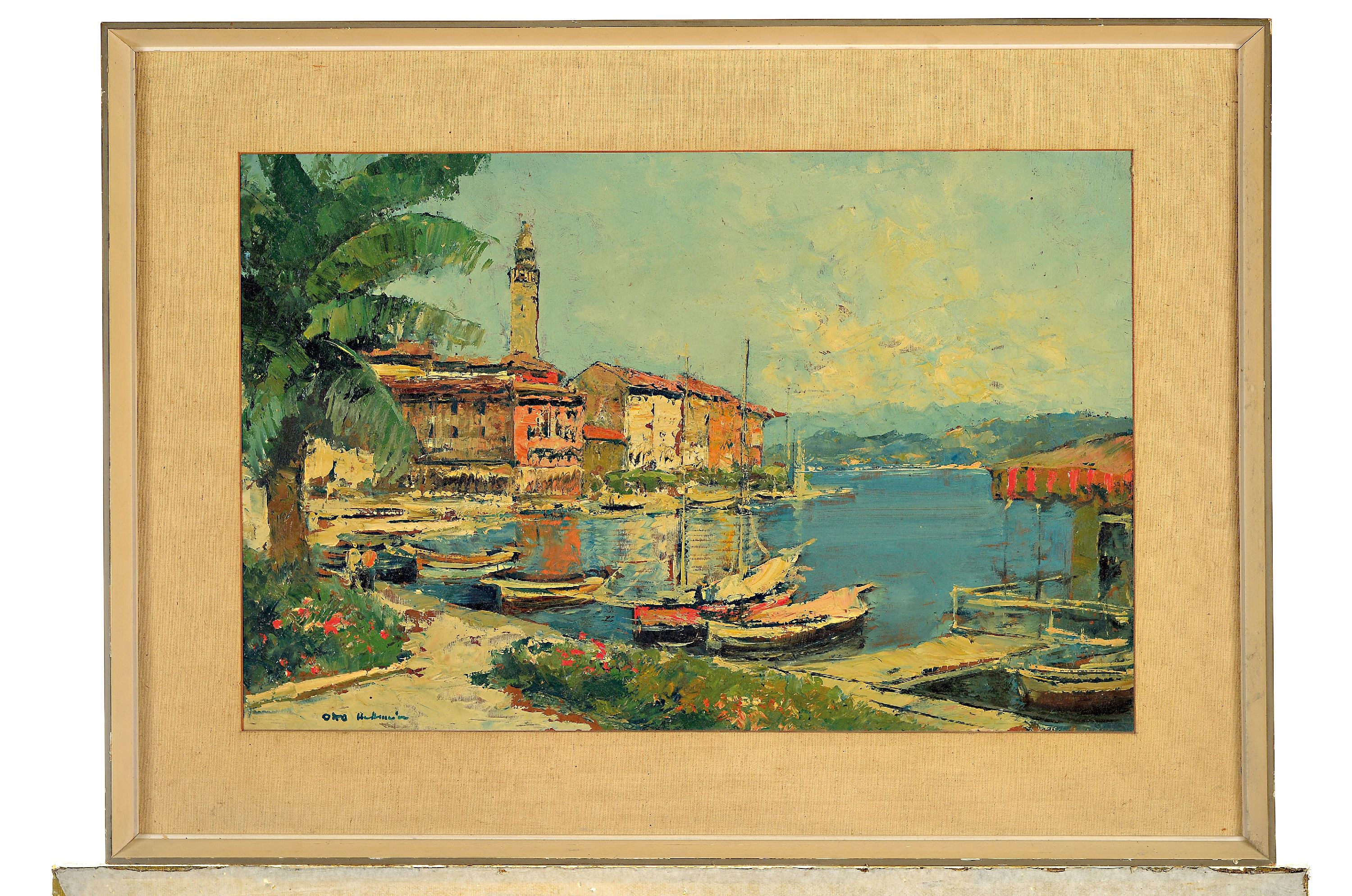 Detail k: Otto Hellmeier, 1908-1996 Weilheim, italienische Hafenlandschaft, links unten signiert, Öl/Karton, Rahmen 53x73 cm