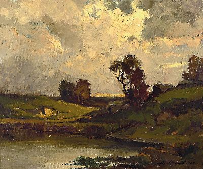 Image Werner Brand, 1933-2021, Abendstimmung über Landschaft mit Teich, Öl/Lwd, ...