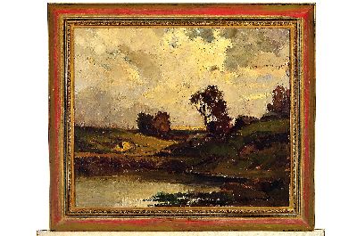 26916102k - Werner Brand, 1933-2021, Abendstimmung über Landschaft mit Teich, Öl/Lwd, ...