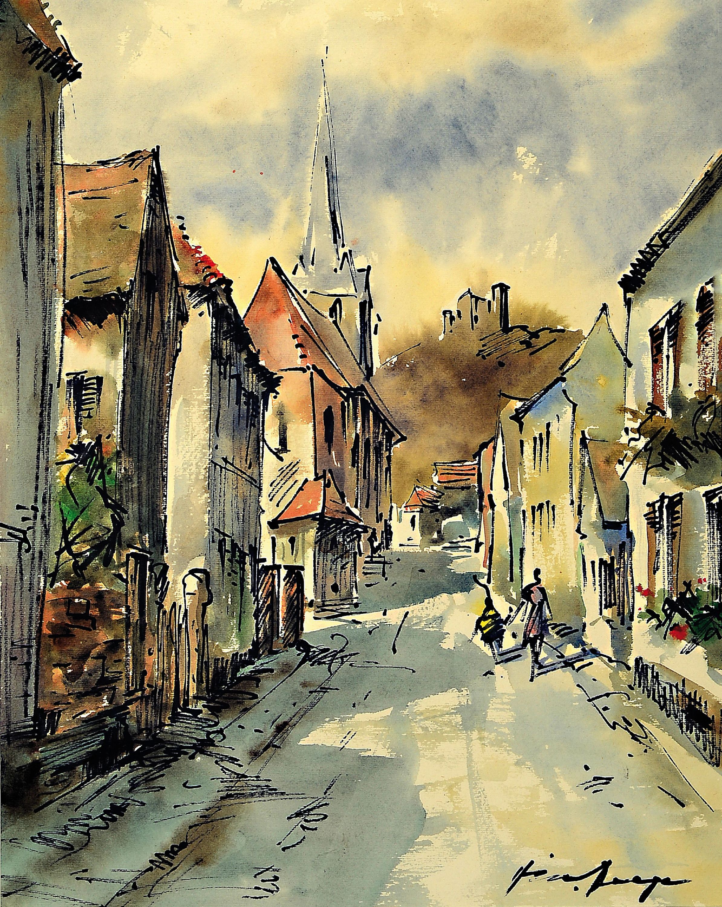 Detail a: Heiner Deege, 1920-2007, zwei Pendats mit Pfälzer Ansichten, Aquarell und Tusche auf Papier, beide sign., je ca. 36x26cm, PP, u.Gl., R. ca. 53x44cm