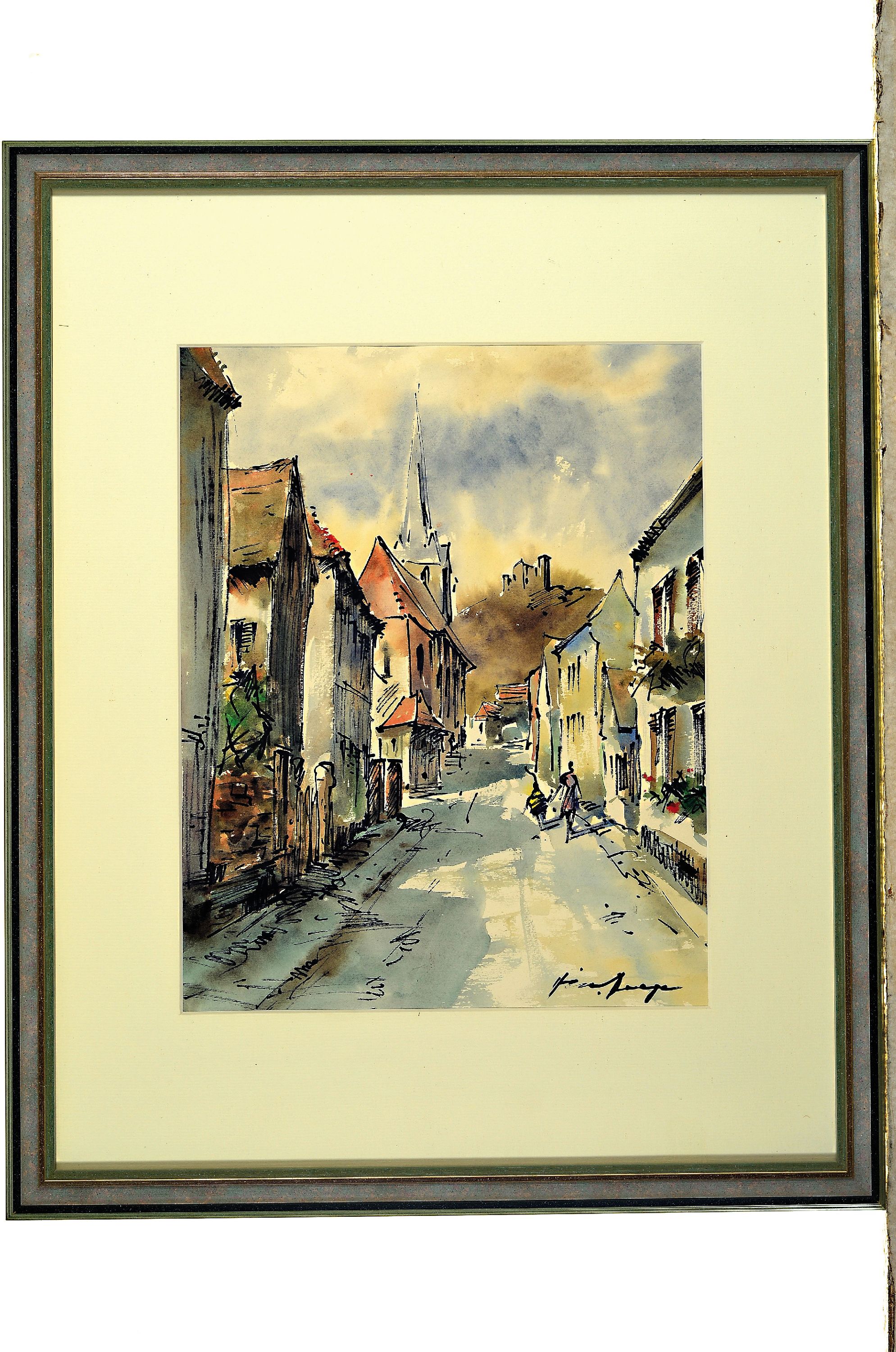 Detail l: Heiner Deege, 1920-2007, zwei Pendats mit Pfälzer Ansichten, Aquarell und Tusche auf Papier, beide sign., je ca. 36x26cm, PP, u.Gl., R. ca. 53x44cm