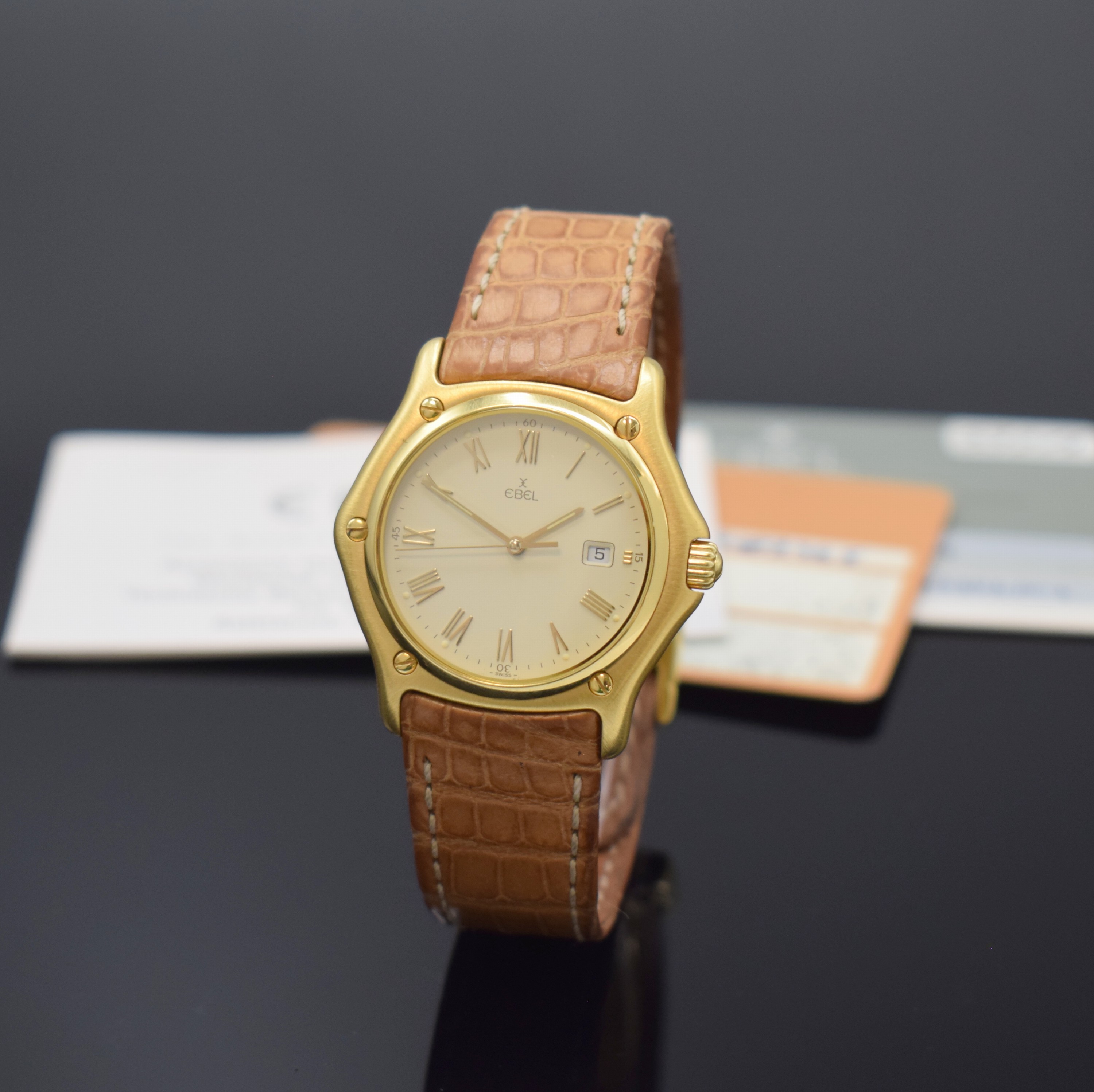 EBEL 1911 Armbanduhr in GG 750/000 Referenz 887902, Schweiz verk. lt. Pap. am 06/1992, quarz, 3-tlg. Geh. inkl. orig. Lederband m. GG750/000 ...