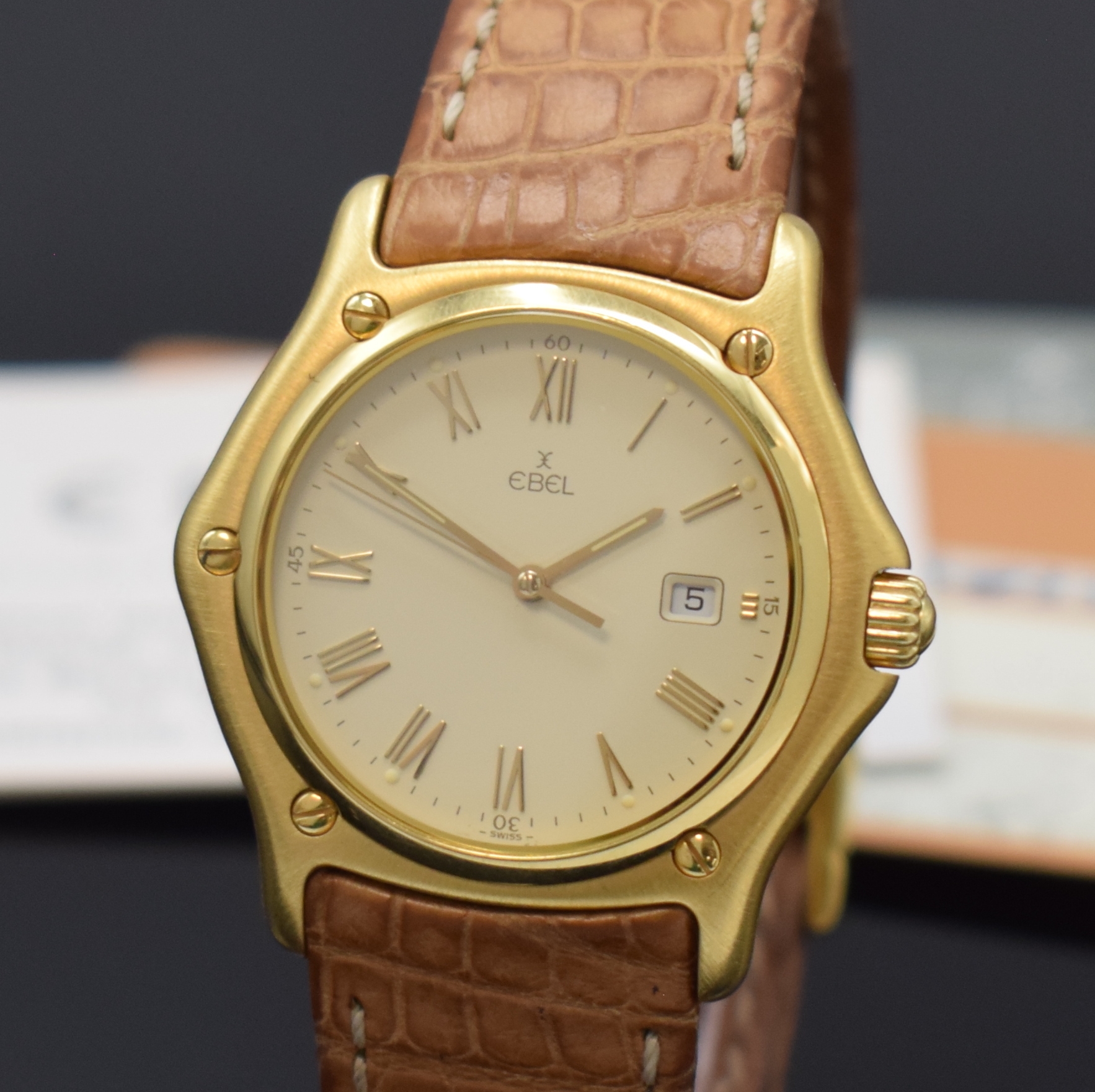 Detail a: EBEL 1911 Armbanduhr in GG 750/000 Referenz 887902, Schweiz verk. lt. Pap. am 06/1992, quarz, 3-tlg. Geh. inkl. orig. Lederband m. GG750/000 ...