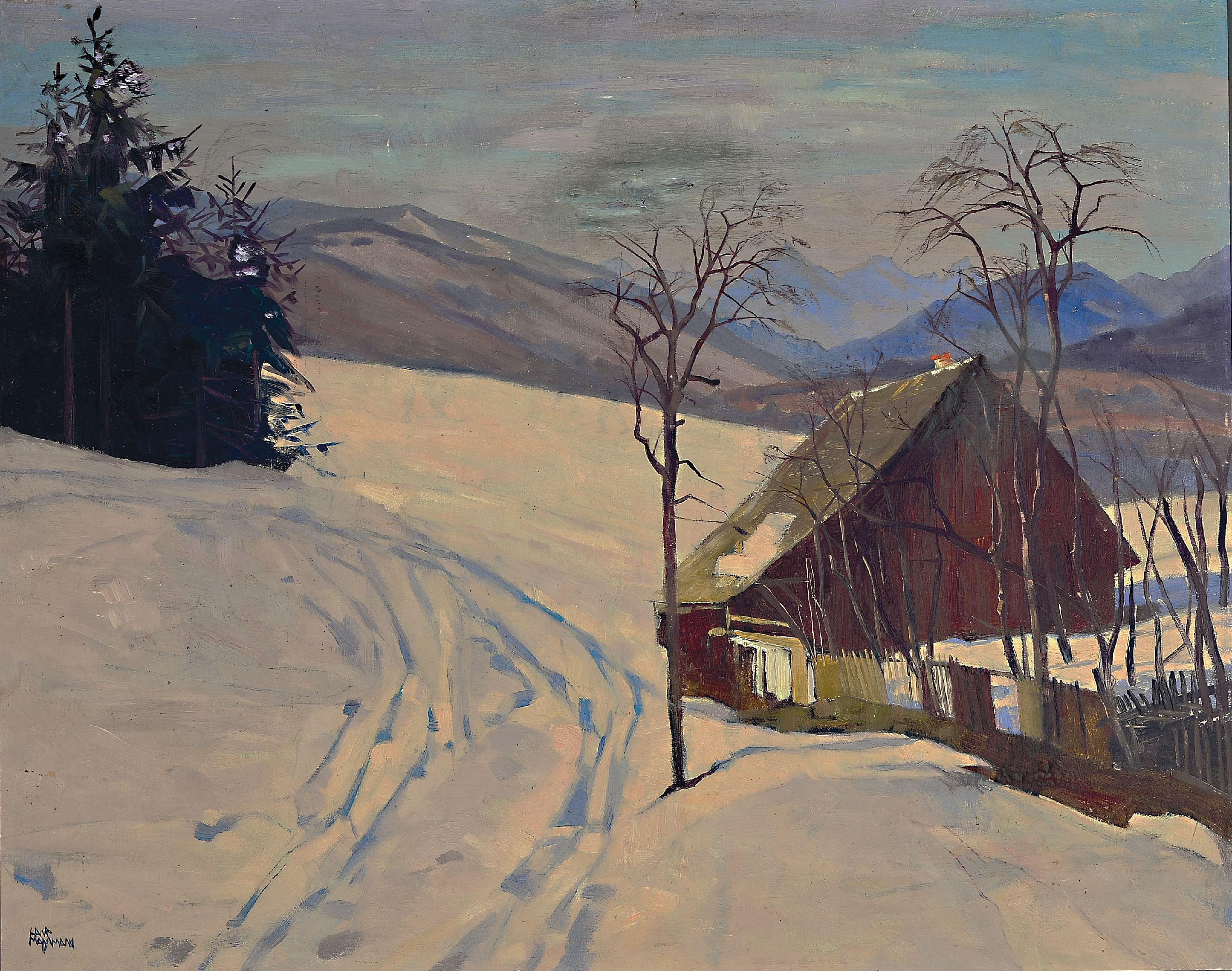 Hans Massmann, 1887 Bukarest-1973 Wien, Später Winter im Berchtesgadener Land, Öl/Malkarton, links unten sign., rest., ca. 60x75cm, R. ca. 70x85cm, ...