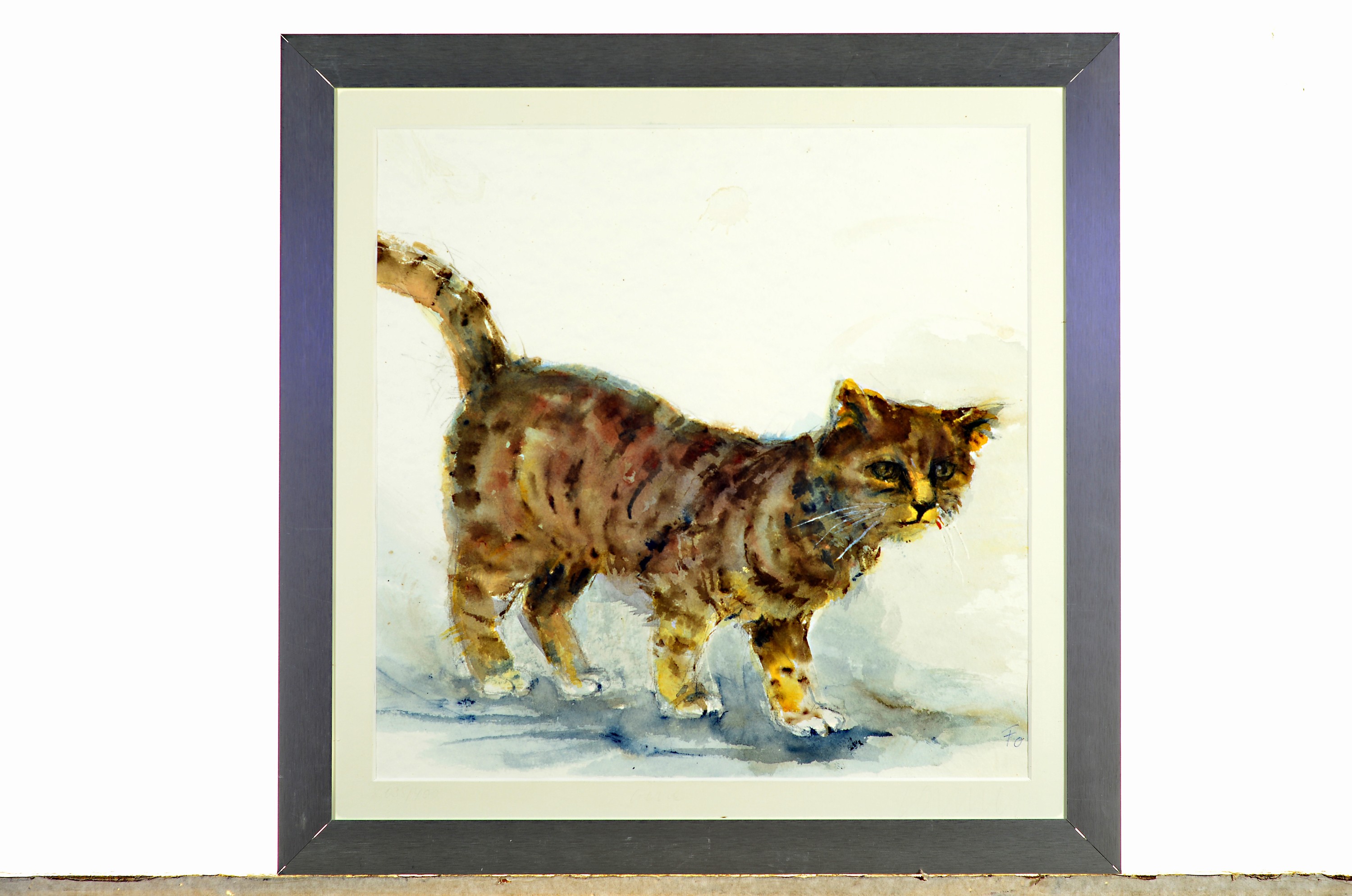 Detail a: Monogrammist Fo, eines datiert 01, zwei Aquarelle mit Katzendarstellungen, Gehende Katze und Katze auf Baumstamm, je ca. 35x35cm, PP, u.GL., R. ca. ...