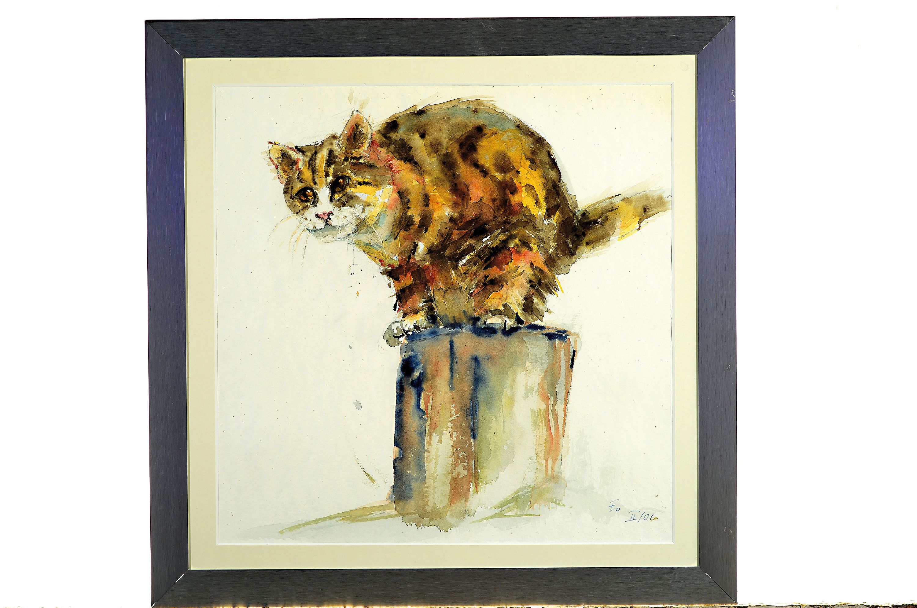 Detail k: Monogrammist Fo, eines datiert 01, zwei Aquarelle mit Katzendarstellungen, Gehende Katze und Katze auf Baumstamm, je ca. 35x35cm, PP, u.GL., R. ca. ...