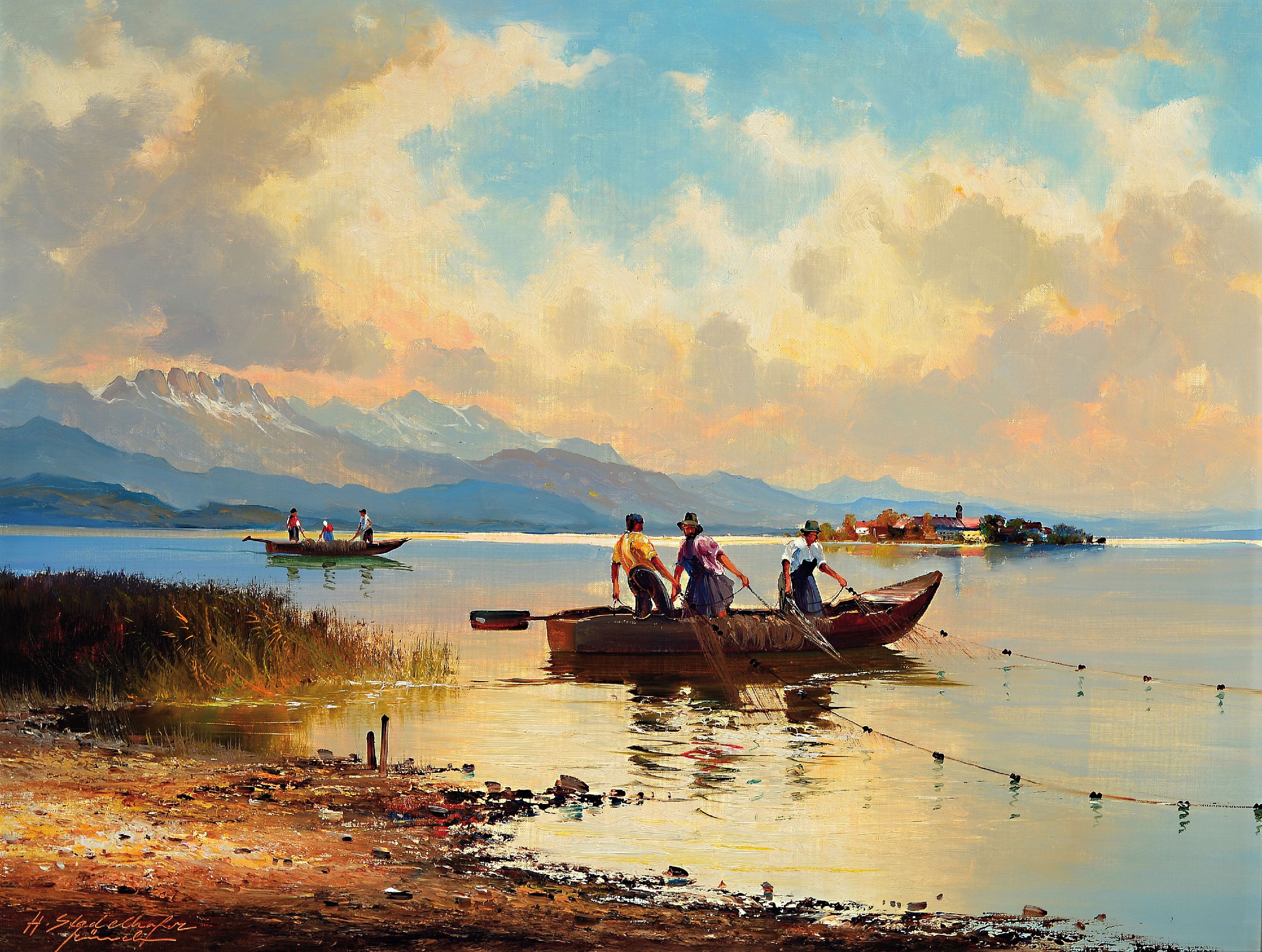 Helmut Stadelhofer, 1914 Konstanz-1979 München, Fischer am Chiemsee mit Blick auf die Fraueninsel, Öl/Lwd, links unten sign. und bez. München, ca. ...