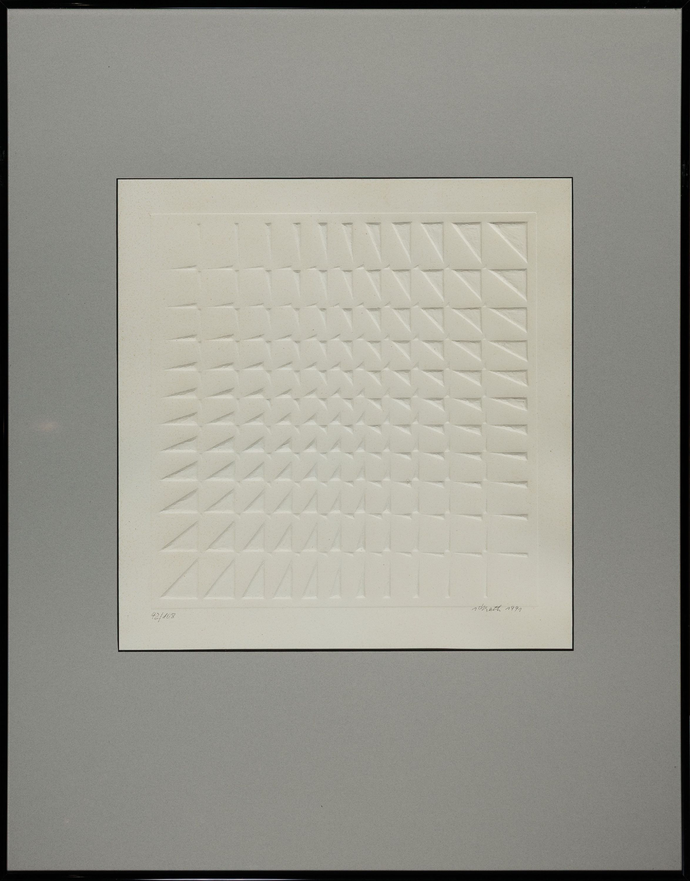 Detail m: Joachim Ickrath, geb. 1940 Berlin, tätig in Völklingen/Saarland, geometrische Reihungen, Konvolut von vier Prägedrucken, alle sign. und dat. 91, ...