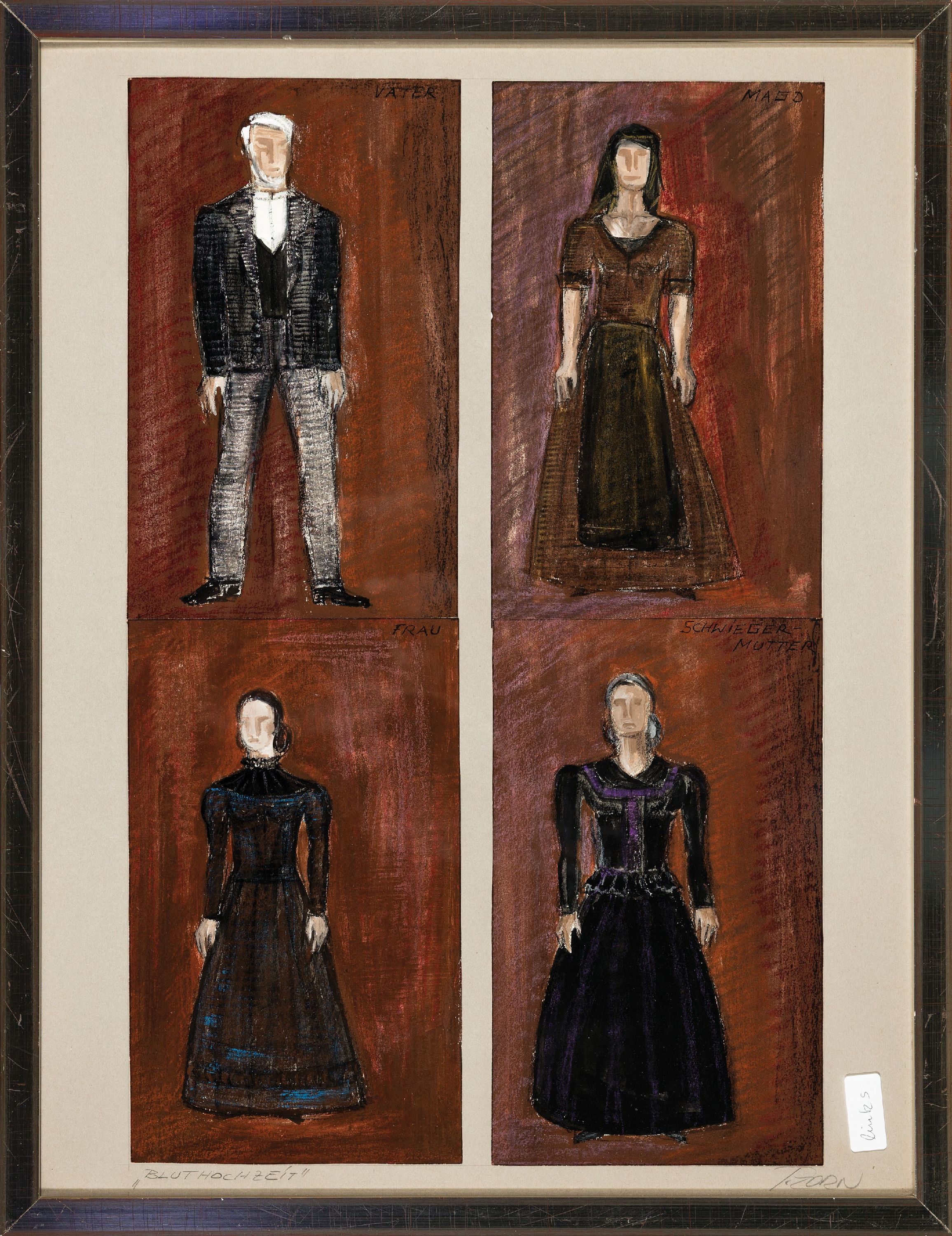 Detail l: Timm Zorn, geb. 1951 München, 12 collagierte Mischtechniken zum Film Bluthochzeit, orig. Kostümentwürfe für Schuaspiel und Theaterstück ...