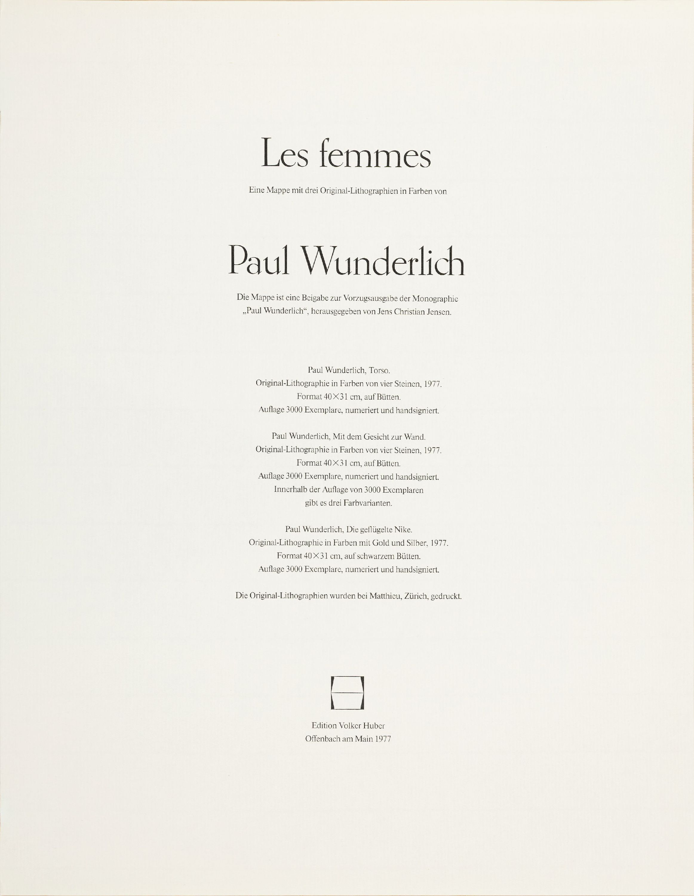 Detail f: Paul Wunderlich, 1927-2010, Mappe "Femmes" mit 3 Farblithographien: Torso, Mit dem Gesicht zur Wand und Die geflügelte Nike, alle ...