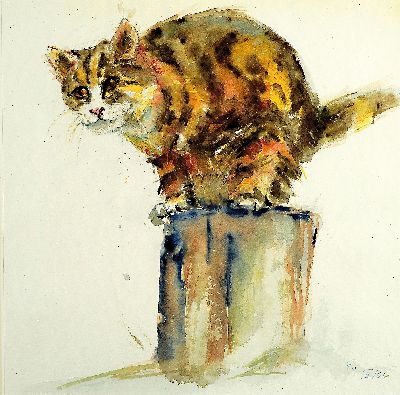 Image 26916506 - Monogrammist Fo, eines datiert 01, zwei Aquarelle mit Katzendarstellungen, Gehende Katze ...
