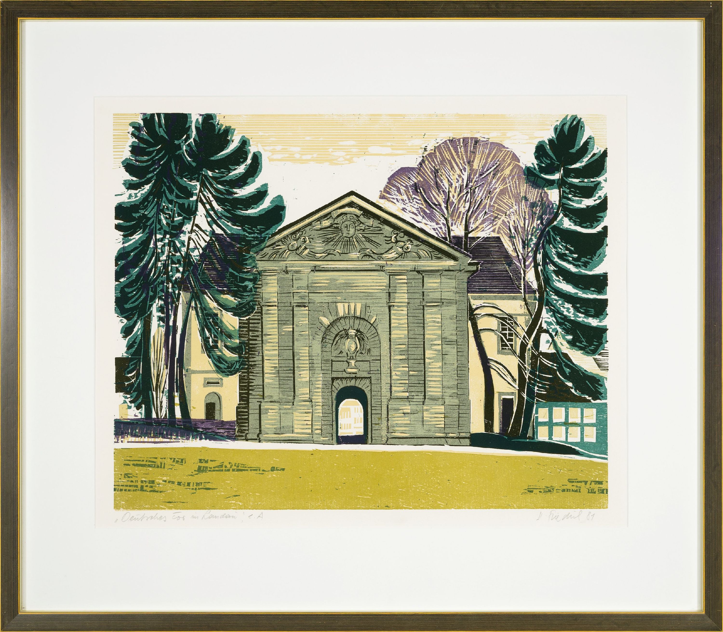 Detail k: Heinz Friedrich, 1924-2018 Schwetzingen, Deutsches Tor in Landau, Farbholzschnitt, signiert und dat. 81, betitelt und bez. e.a., ca. 40x50cm, PP, ...