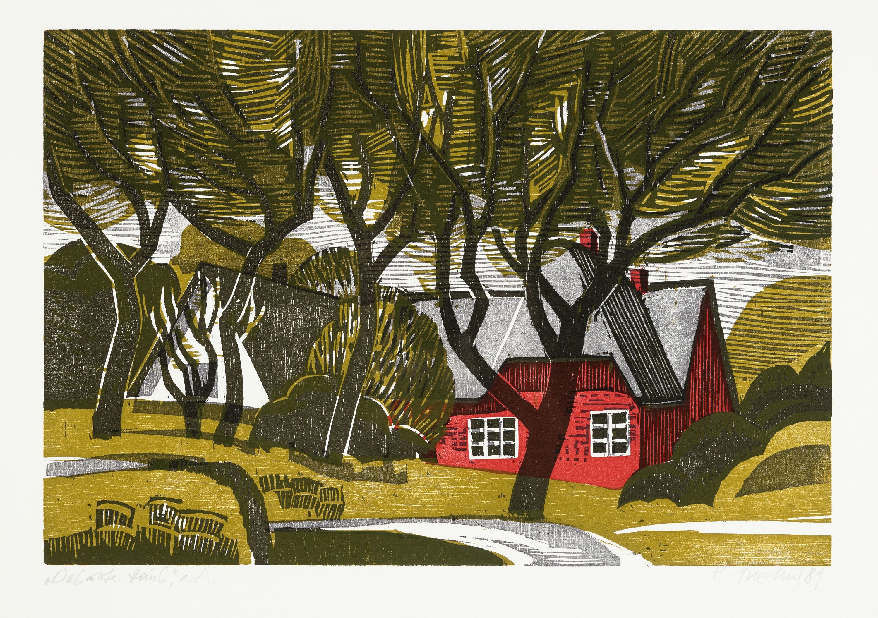 Heinz Friedrich, 1924-2018 Schwetzingen, Das rote Haus, Farbholzschnitt von 1989, handsign. und dat., betitelt, bez. e.a., ca. 32x47cm, PP, u.Gl., R. ...