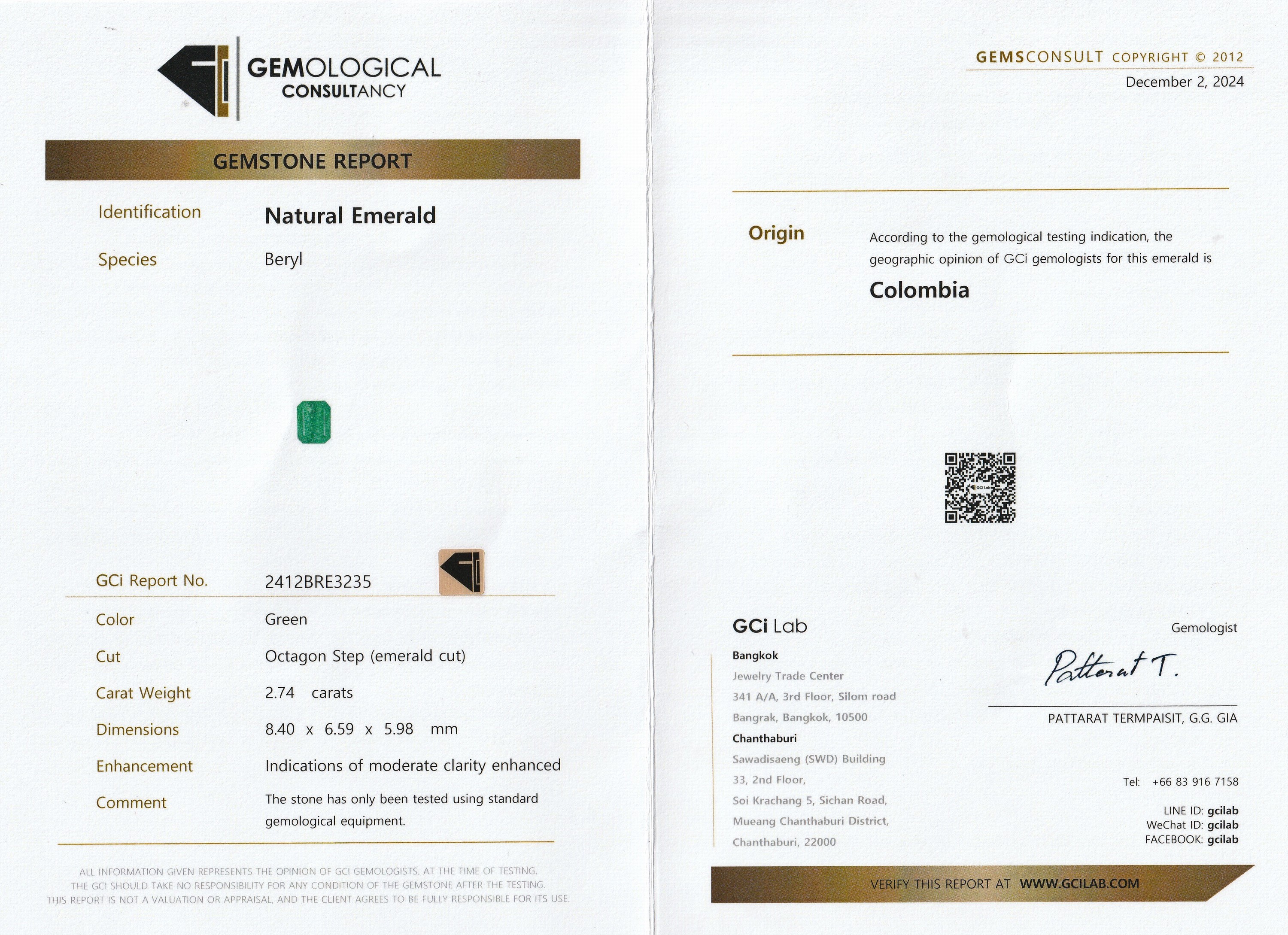 Detail c: Loser facett. Smaragd, 2.74 ct, im Octagon Schliff, 8.40 x 6.59 x 5.98 mm, Anzeichen von reinheitsbeh., GEC Report anbei