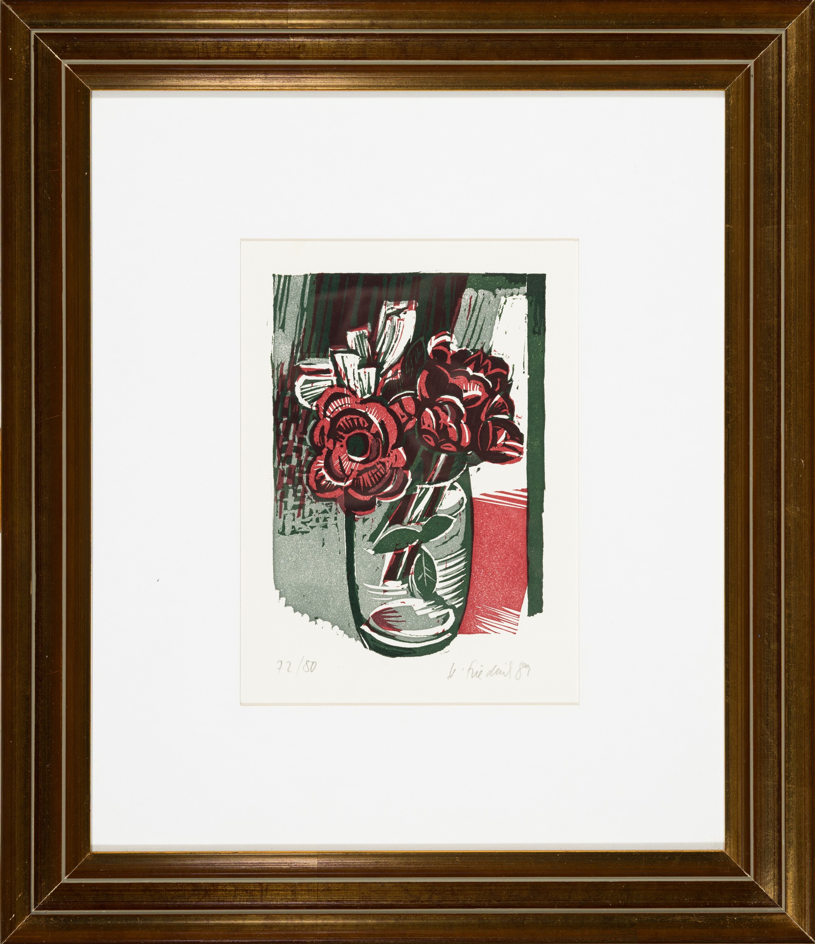Detail a: Heinz Friedrich, 1924-2018 Schwetzingen, Blumen am Fenster, Farbholzschnitt, handsign. und dat. 89, num. 72/80, ca. 19x13cm, PP, u.Gl., R. ca. 46x39cm
