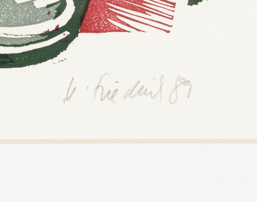 Detail b: Heinz Friedrich, 1924-2018 Schwetzingen, Blumen am Fenster, Farbholzschnitt, handsign. und dat. 89, num. 72/80, ca. 19x13cm, PP, u.Gl., R. ca. 46x39cm