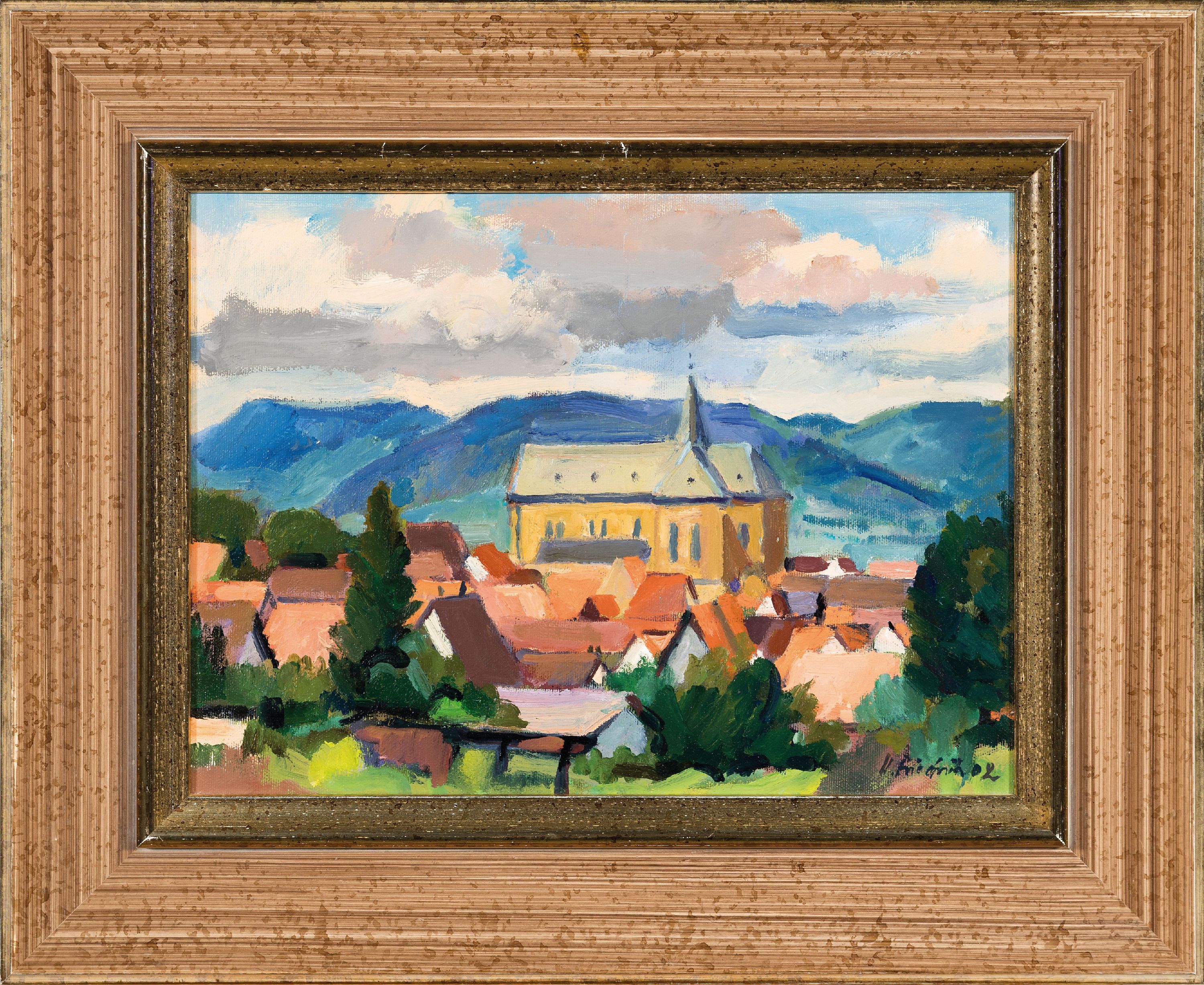 Detail k: Heinz Friedrich, 1924-2018 Schwetzingen, Blick auf Arzheim mit der St. Georgs Kirche, Öl/Holz, rechts unten sign. und dat. 02, ca. 28x38cm, R. ca. ...