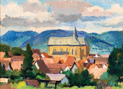Image 26916727 - Heinz Friedrich, 1924-2018 Schwetzingen, Blick auf Arzheim mit der St. Georgs Kirche, ...