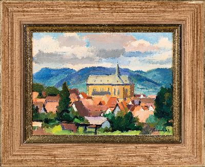 26916727k - Heinz Friedrich, 1924-2018 Schwetzingen, Blick auf Arzheim mit der St. Georgs Kirche, ...