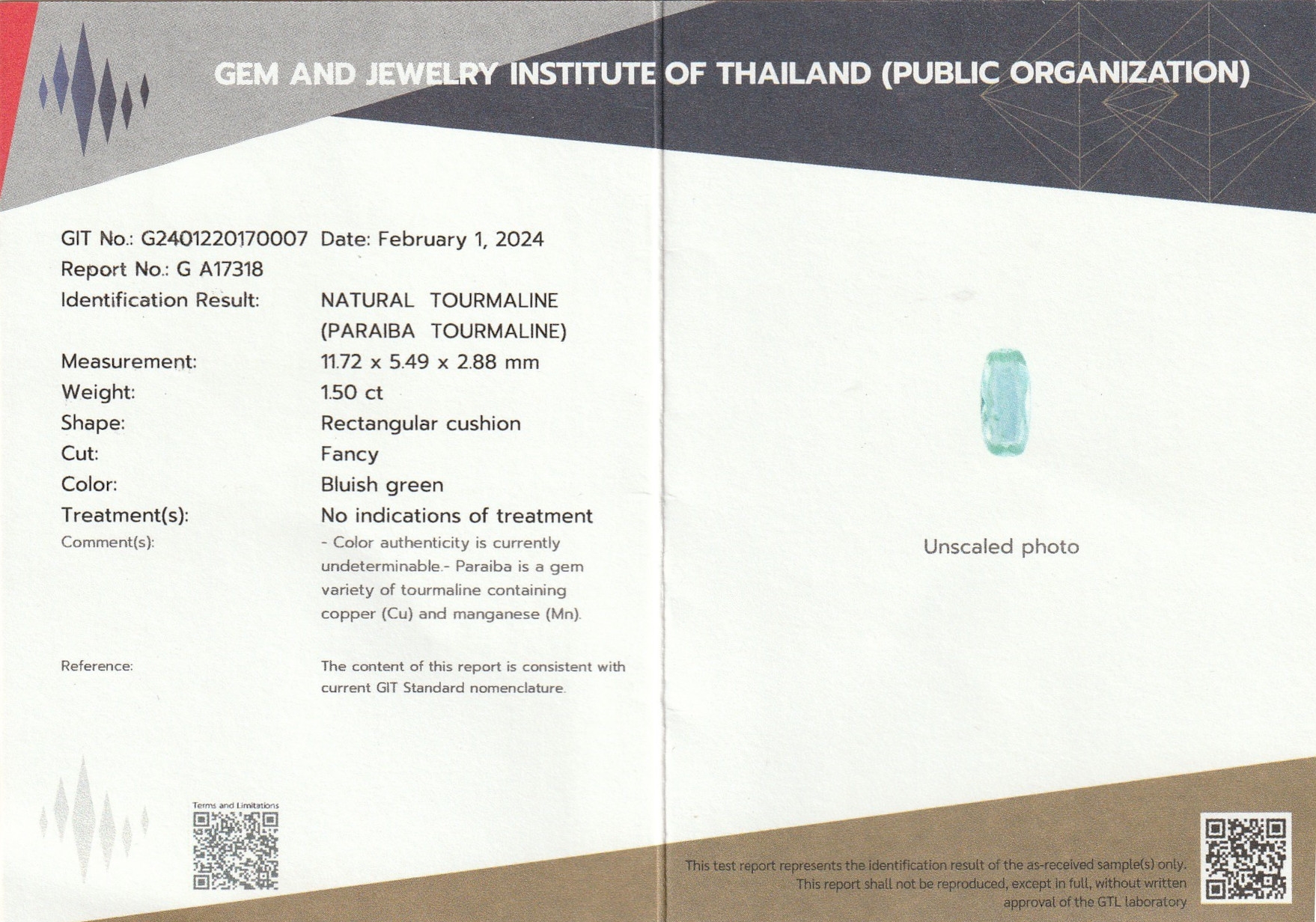 Detail c: Loser Paraiba Turmalin, 1.50 ct, rechteckiger Kissenschliff, 11.72 x 5.49 x 2.88 mm, Bluish Green, mit Expertise