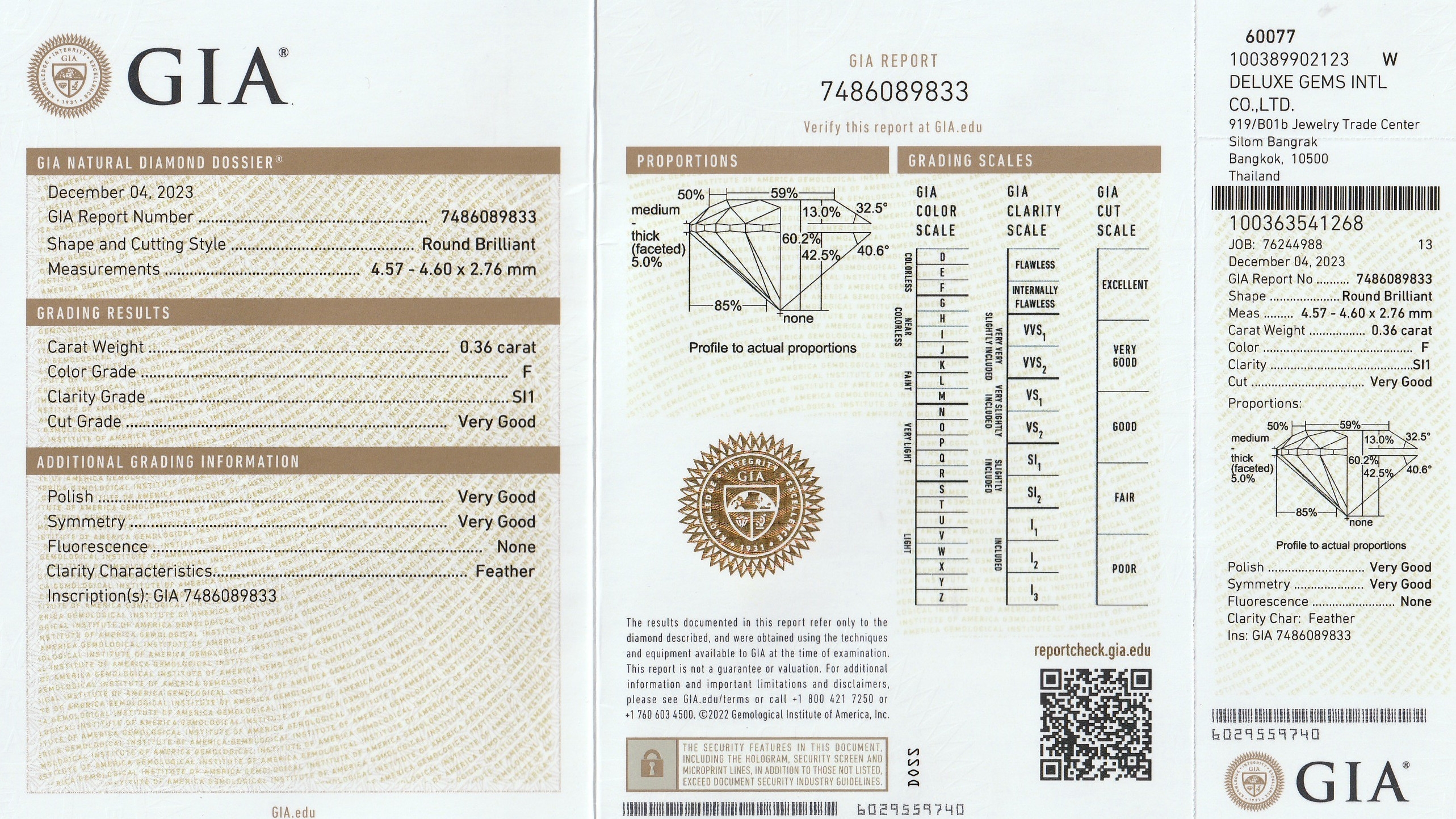 Detail b: Loser Brillant 0.36 ct feines Weiß(F)/si1, 4.57 x 4.60 x 2.76 mm, Politur und Symmetrie sehr gut, GIA Expertise anbei