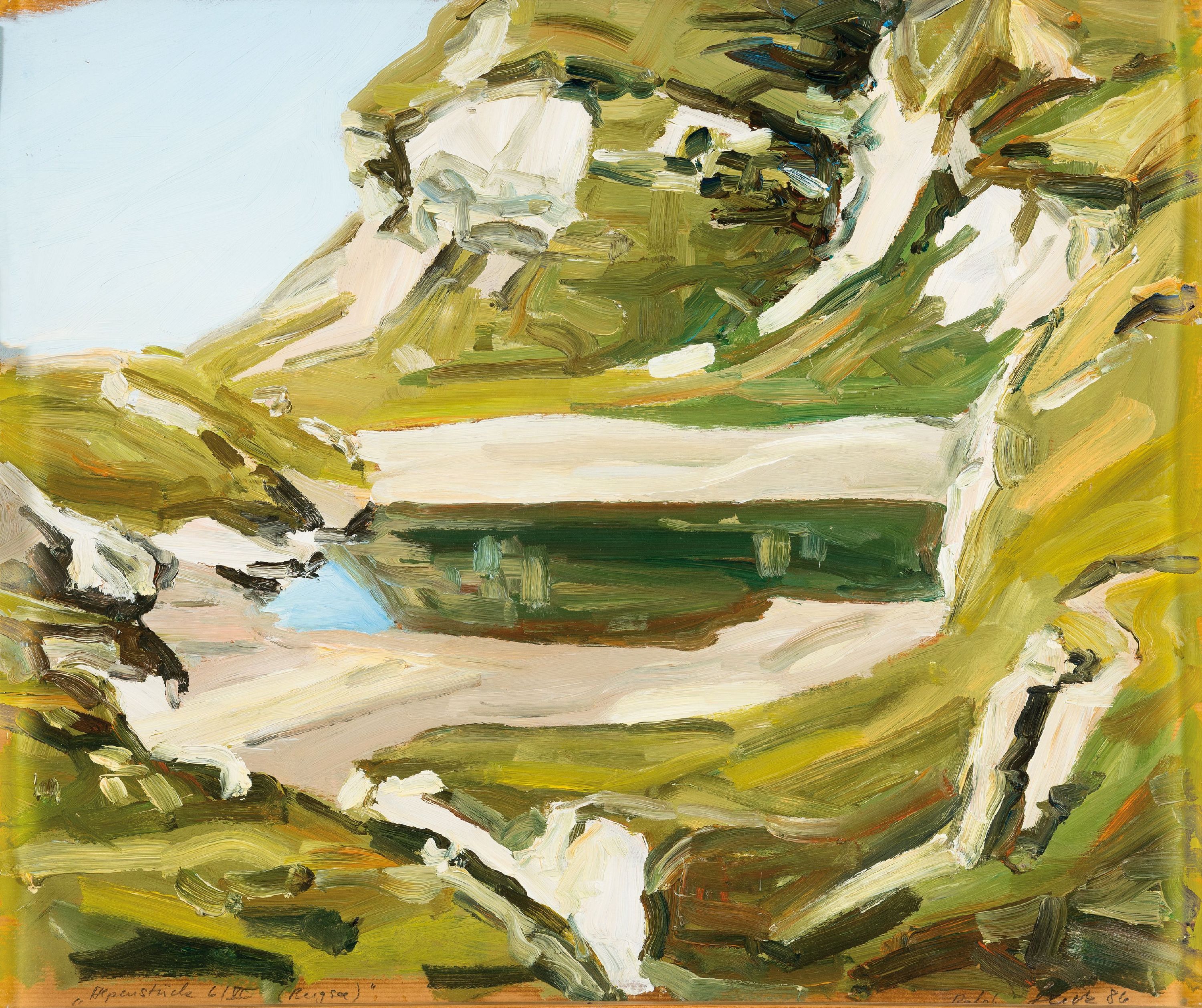 Prof. Ralph Fleck, geb. 1951, "Alpenstück (Bergsee)", 1986, signiert, datiert und betitelt, Öl/Papier, ca. 50x60 cm, unter Glas gerahmt ...