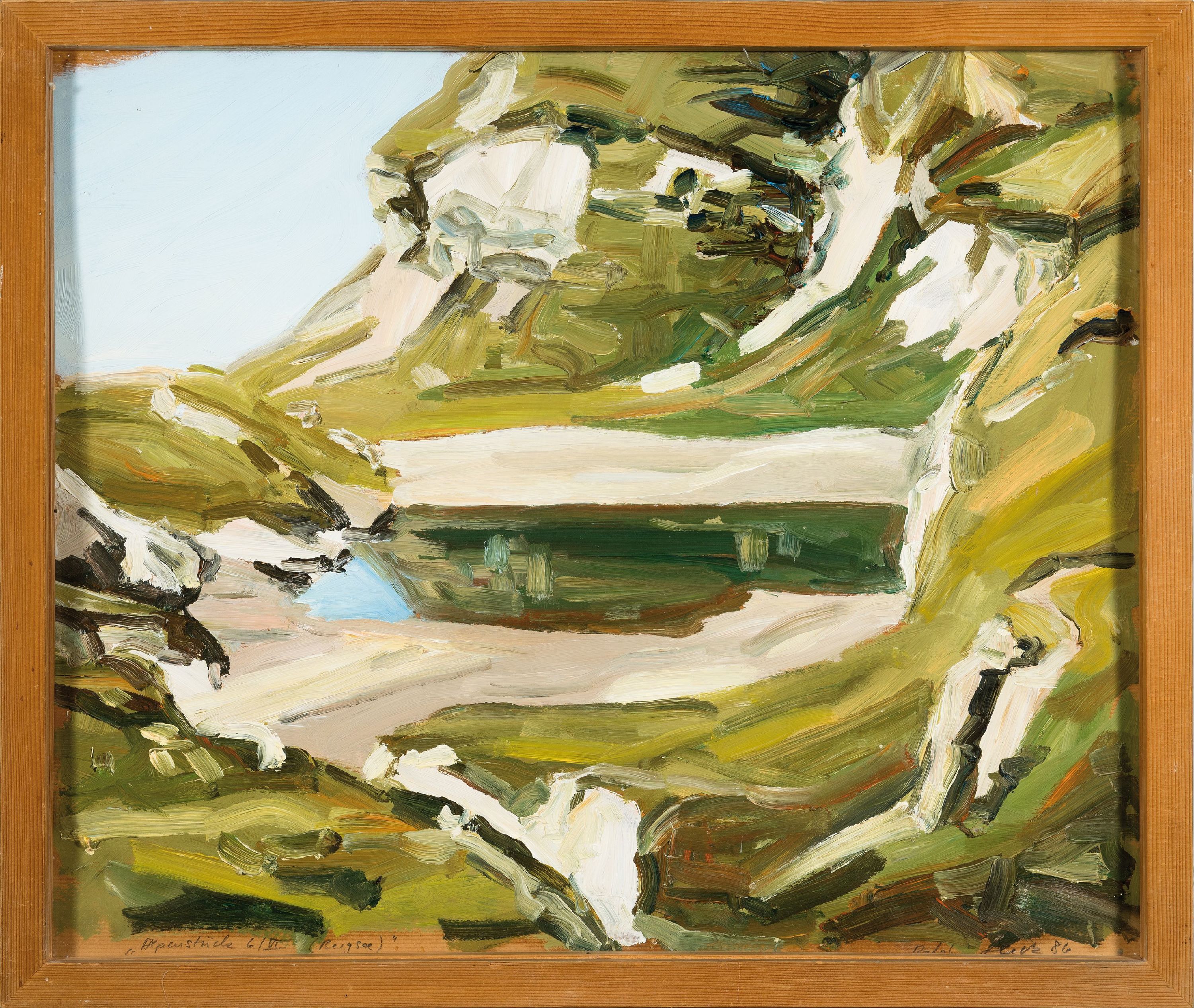 Detail k: Prof. Ralph Fleck, geb. 1951, "Alpenstück (Bergsee)", 1986, signiert, datiert und betitelt, Öl/Papier, ca. 50x60 cm, unter Glas gerahmt ...