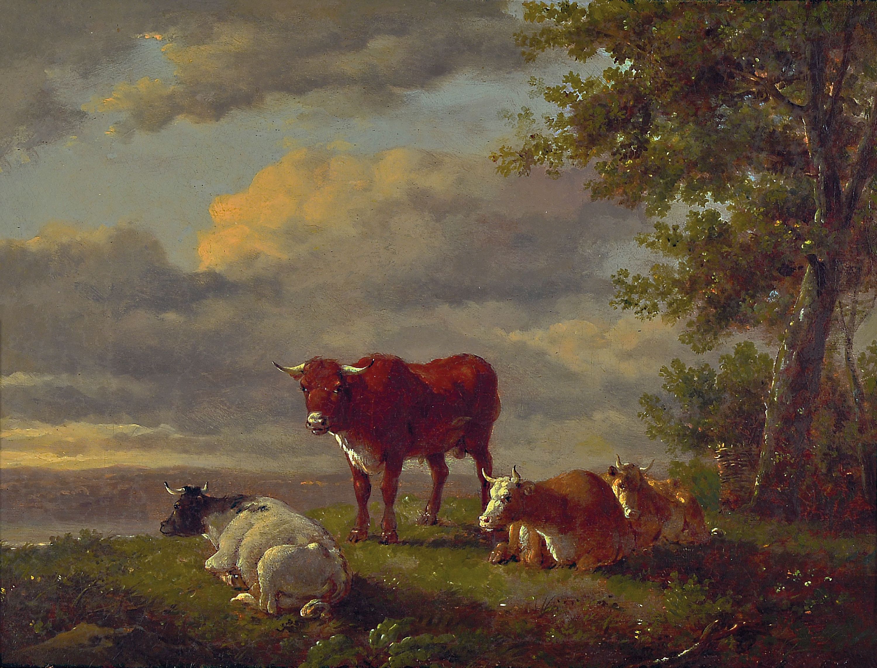 Unbekannter niederländischer Traditionalist, um 1800, Kühe auf der Weide, Landschaftausblick, unsigniert, Öl/Holz, 25x32cm, Rahmen 42x50 cm