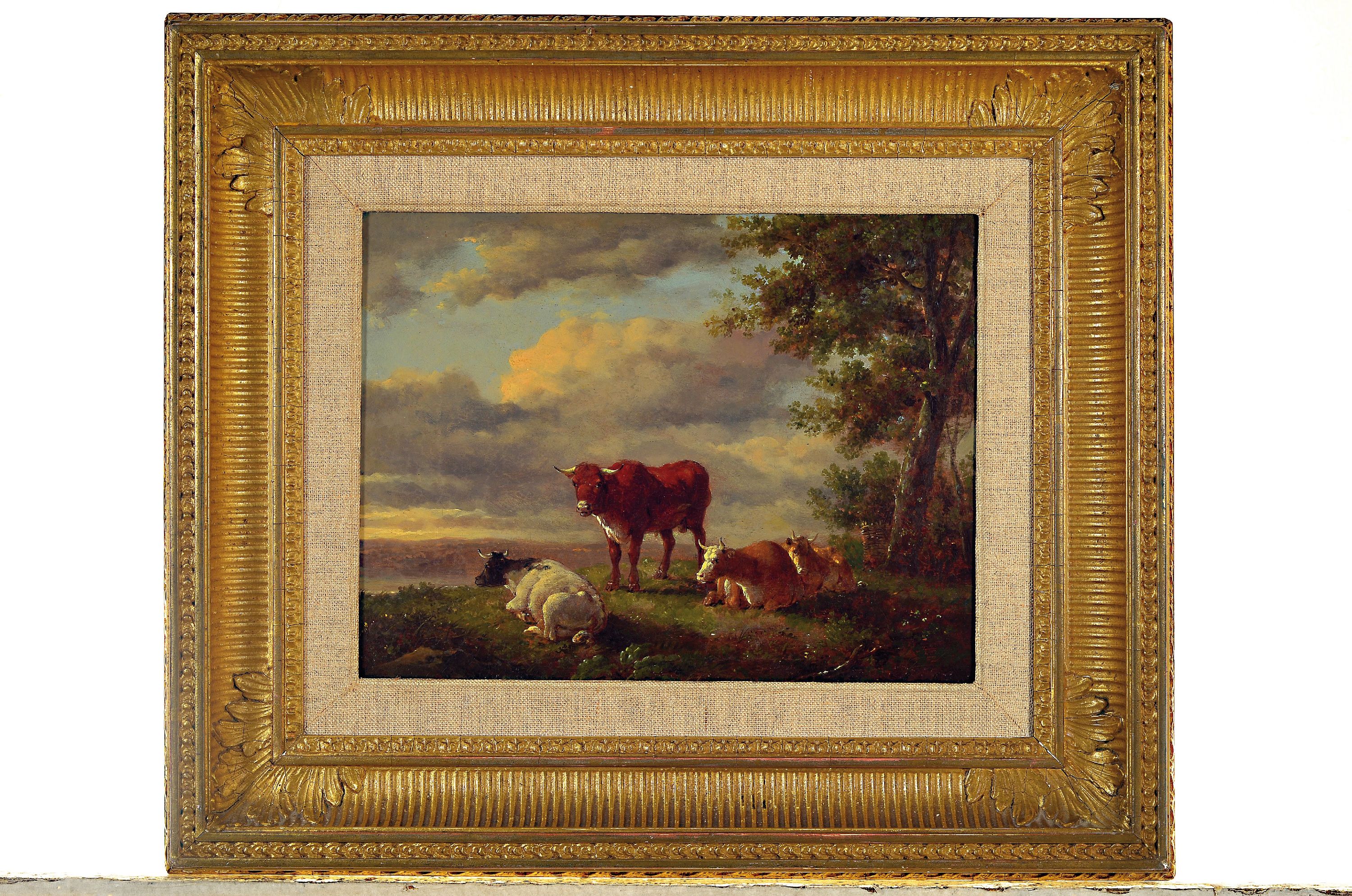 Detail k: Unbekannter niederländischer Traditionalist, um 1800, Kühe auf der Weide, Landschaftausblick, unsigniert, Öl/Holz, 25x32cm, Rahmen 42x50 cm
