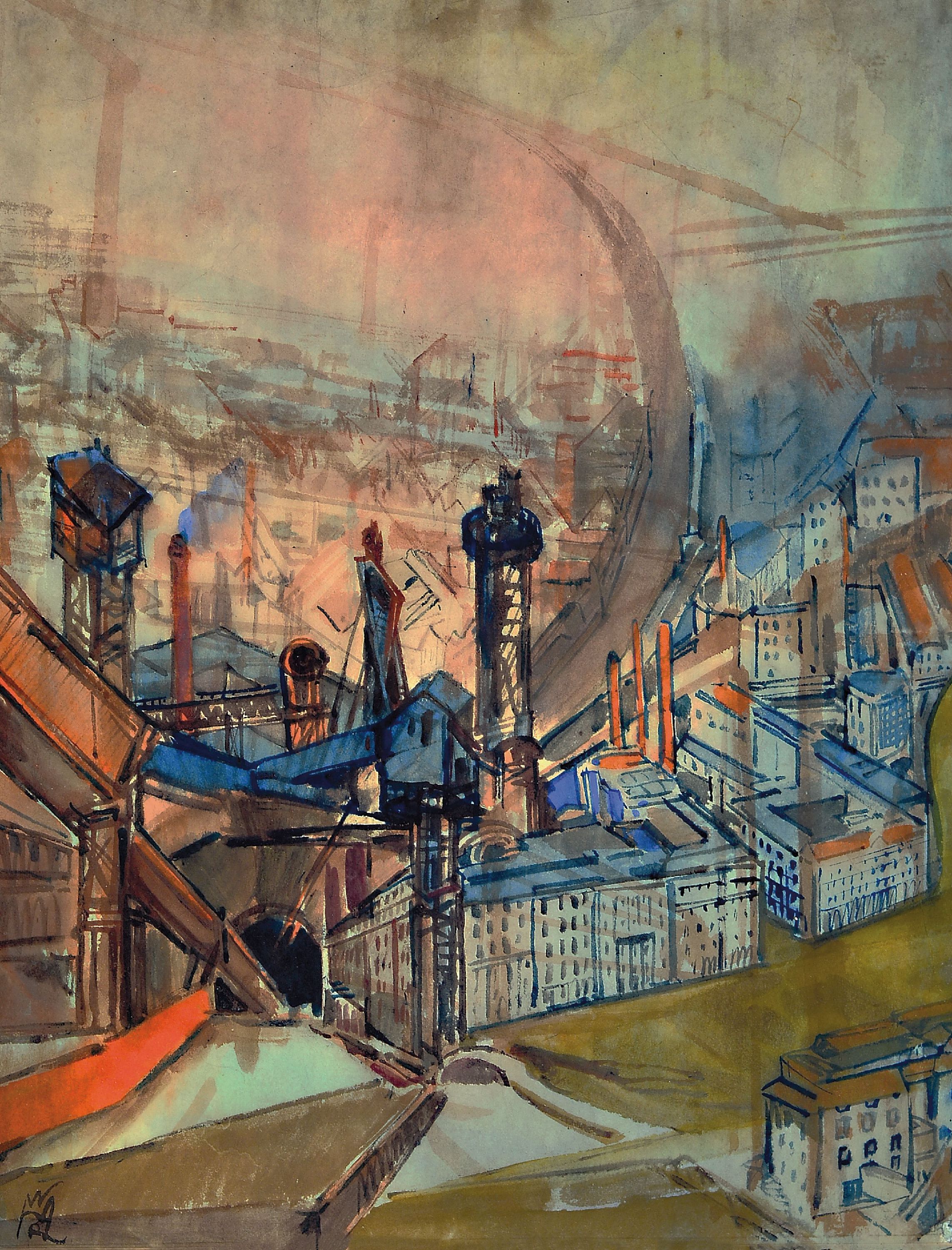 Rudolf Wilhelm Heinisch, 1896 Leipzig-1956 Berlin, Aquarell, expressiv-neusachliche Stadtlandschaft mit markanter Industrieanlage, links unten ...