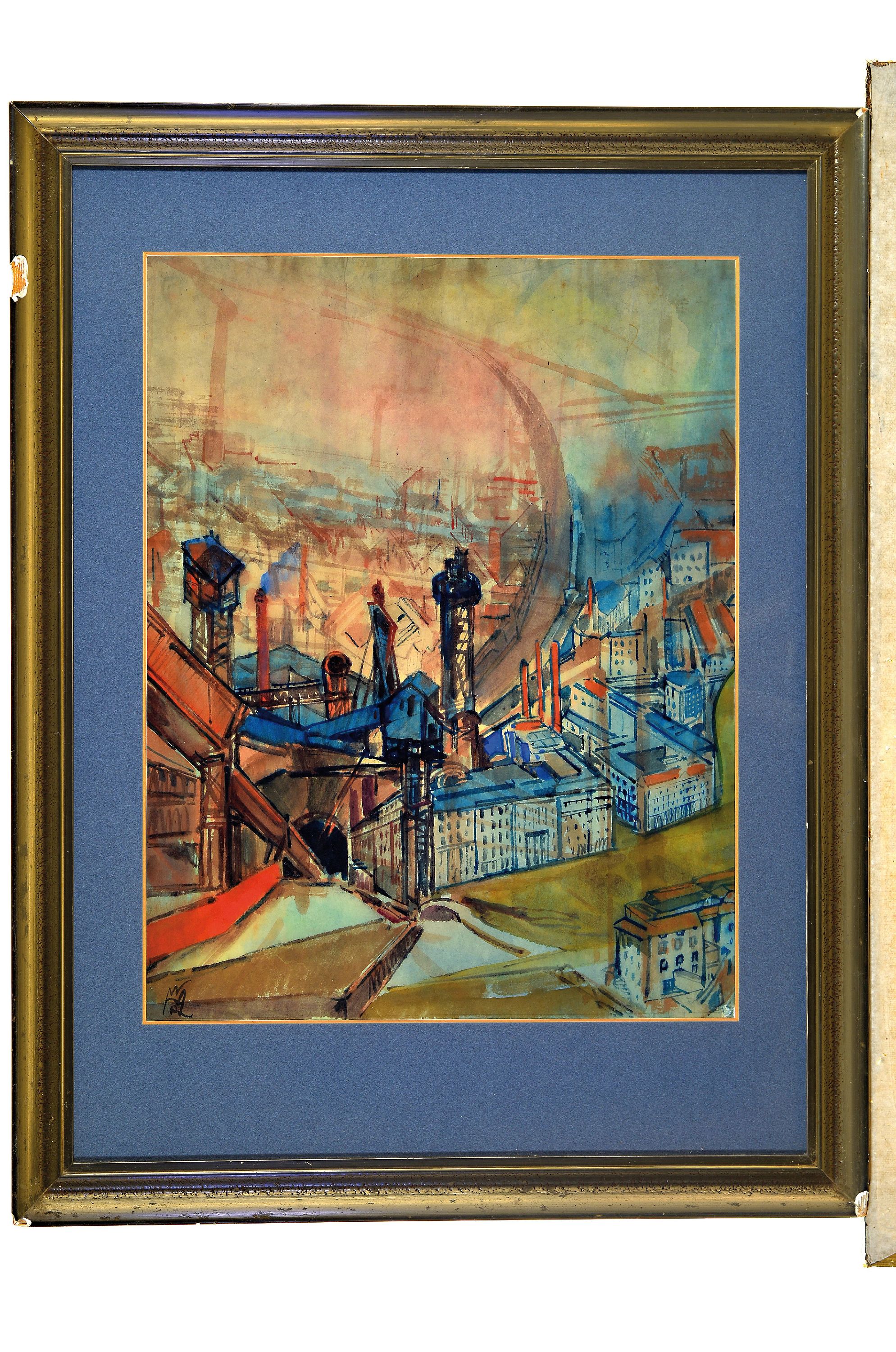 Detail k: Rudolf Wilhelm Heinisch, 1896 Leipzig-1956 Berlin, Aquarell, expressiv-neusachliche Stadtlandschaft mit markanter Industrieanlage, links unten ...