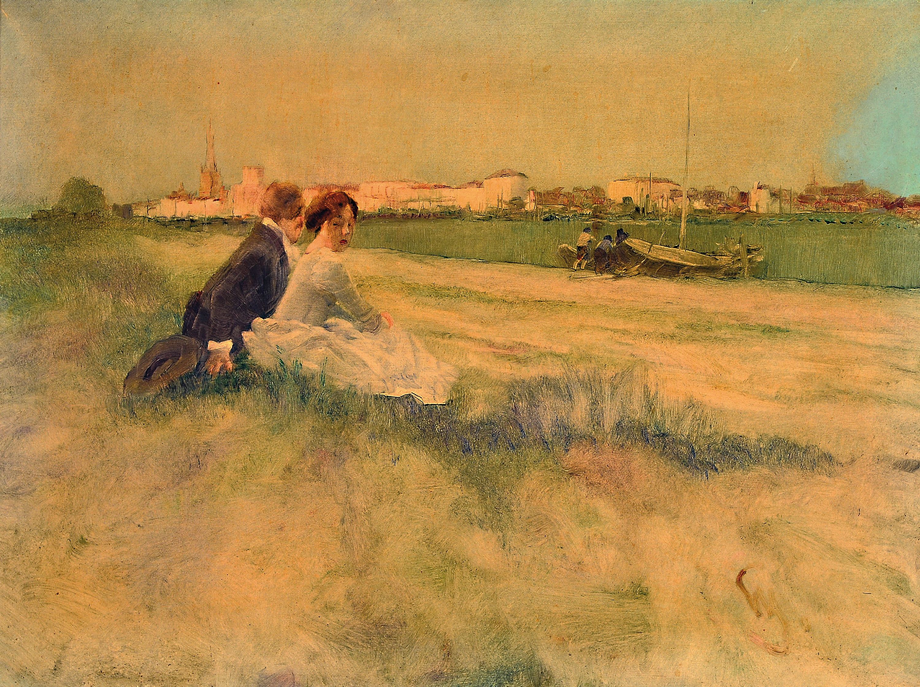 Wilhelm Schreuer, 1866 Wesel-1933 Düsseldorf , poussierendes Pärchen vor der Stadtsilhouette von Düsseldorf, Blick auf den Kirchturm von St. ...