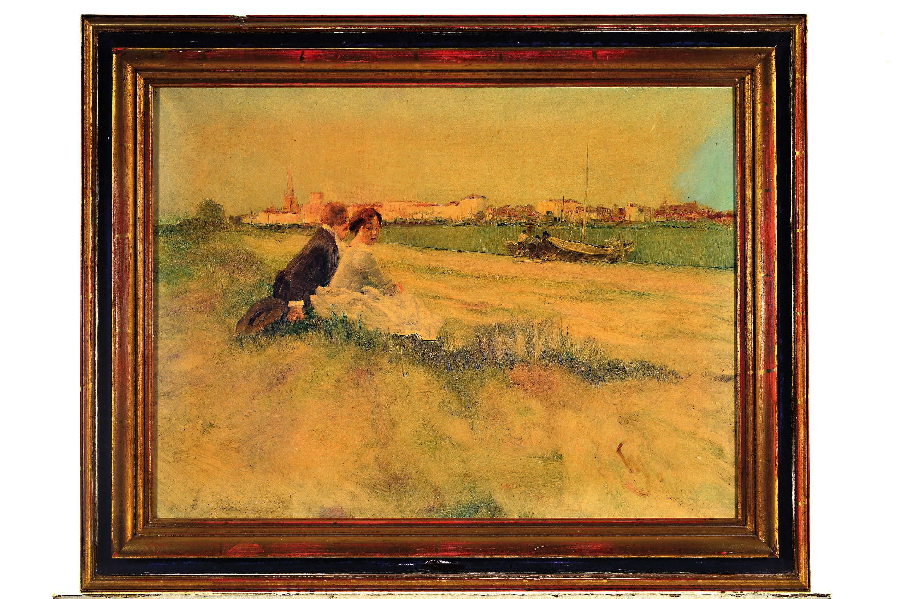 Detail k: Wilhelm Schreuer, 1866 Wesel-1933 Düsseldorf , poussierendes Pärchen vor der Stadtsilhouette von Düsseldorf, Blick auf den Kirchturm von St. ...