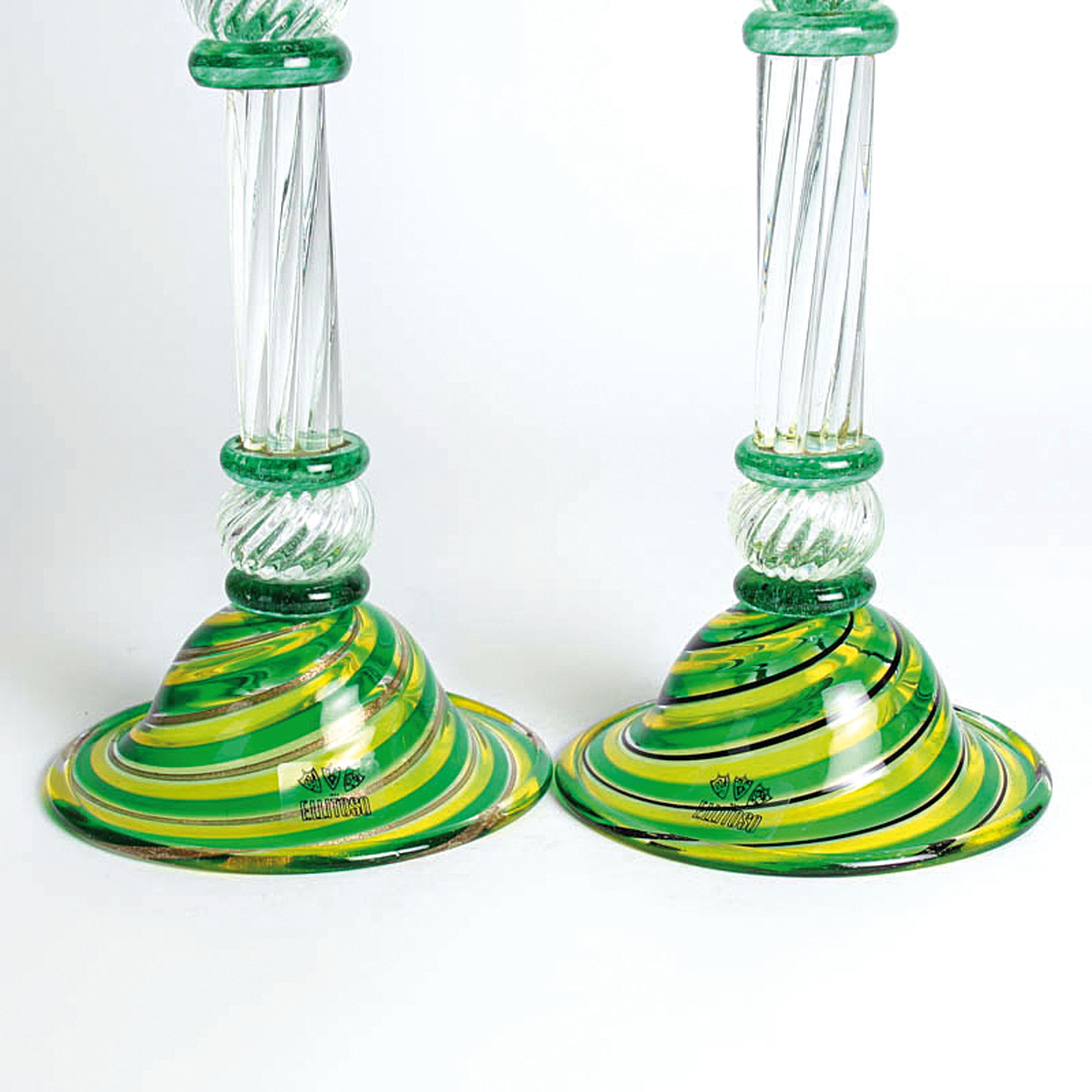 Detail a: A canne-Leuchterpaar, Fratelli Toso, Murano, 1960/70er-Jahre, farbloses Glas, spiralförmig eingekämmte Glasfäden in grün und gelb, Farben leicht ...