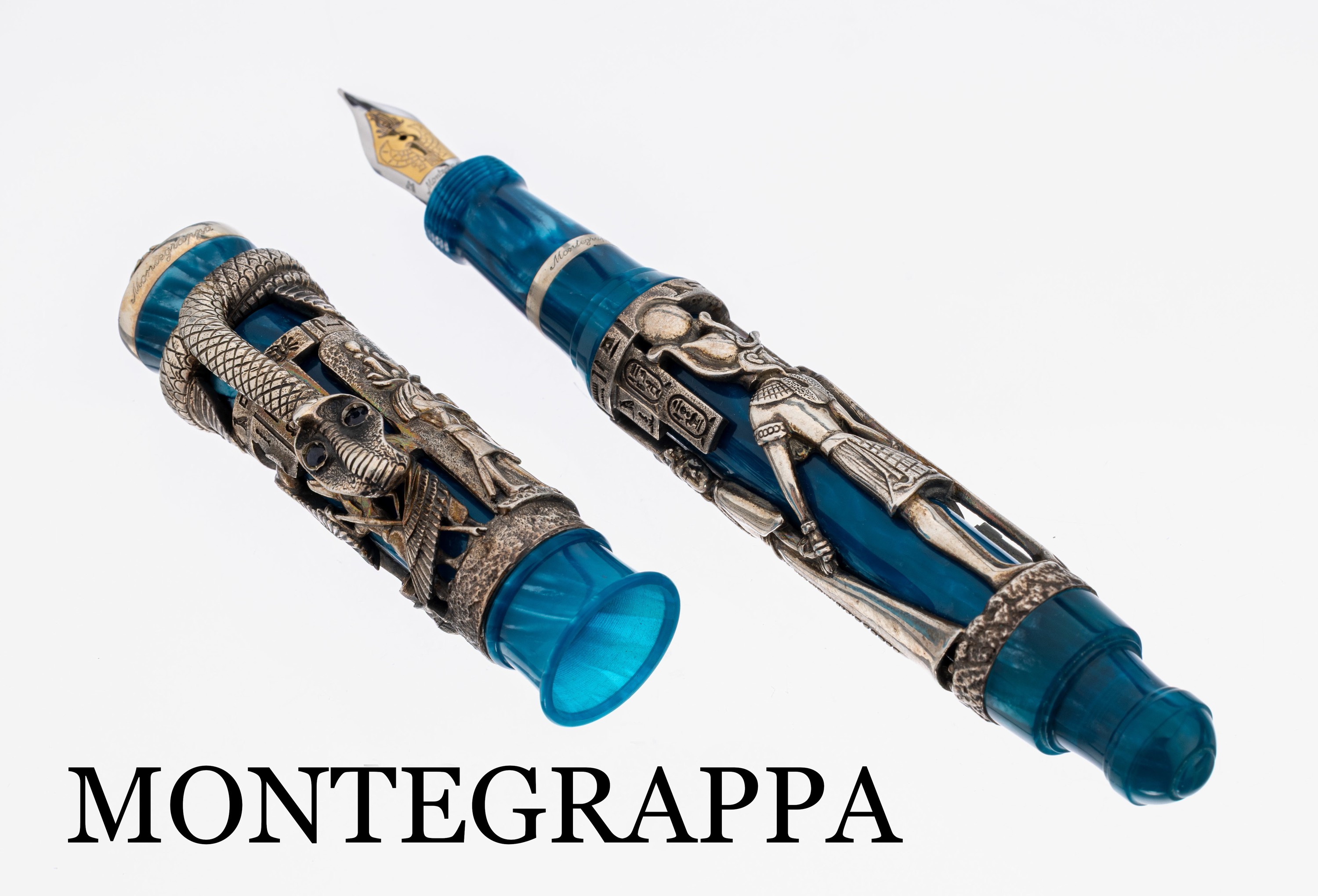 MONTEGRAPPA Füller, Modell Luxor Blue Nile,limitierte Edition, 1996, schwere massive Montur aus 925er Silber, ägyptische Ornamente und ...