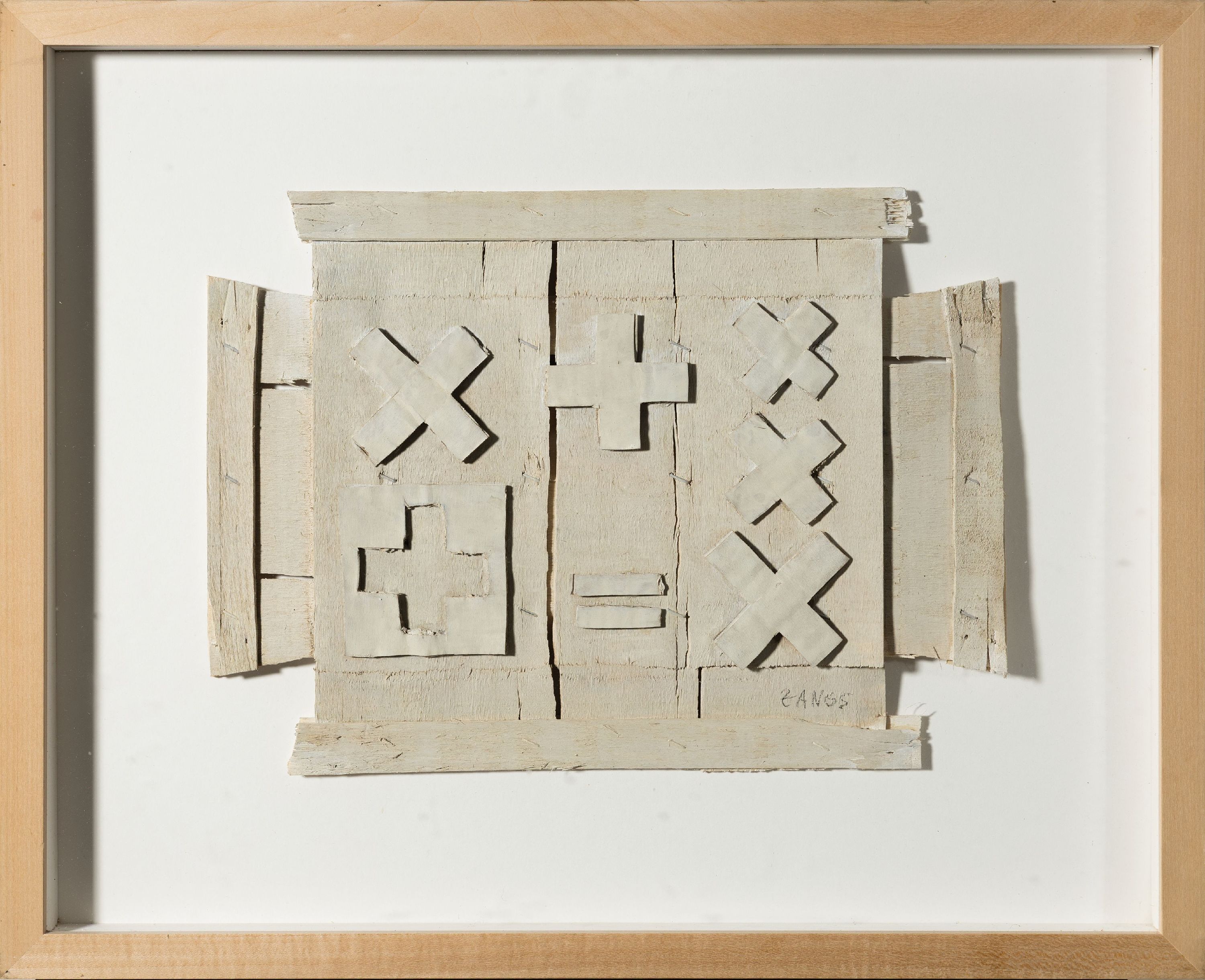 Detail k: Herbert Zangs, 1924-2003 Krefeld, Holzcollage mit mathematischen Zeichen, signiert mit Bleistift, Objekt ca. 26x36 cm, unter Glas gerahmt 43x53 cm ...