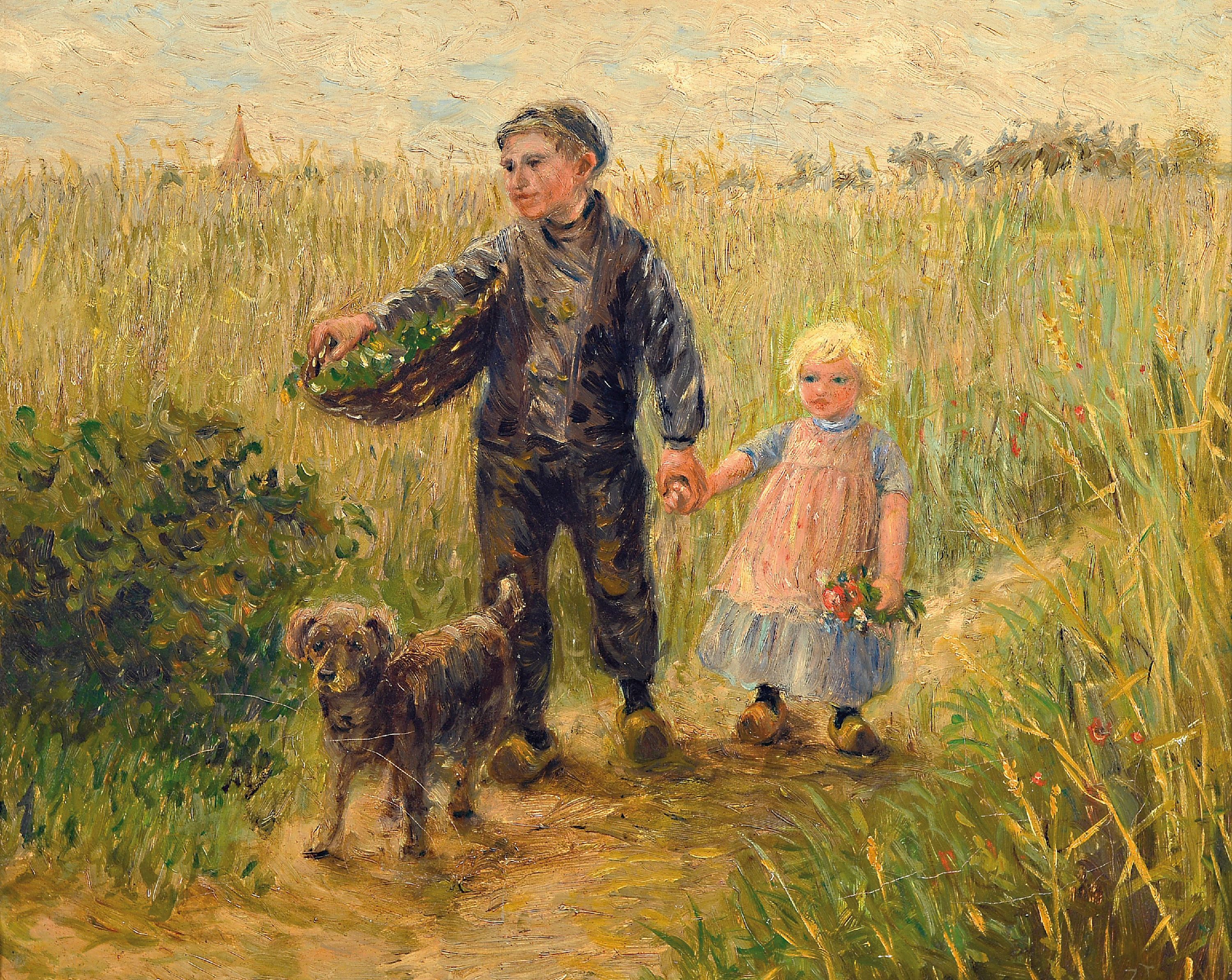 Zuschreibung: Jan Zoetelief Tromp, 1872 Batavia-1947 Breteuil-sur-Iton, Kinderpaar mit Hund im Getreidefeld, Öl/Lwd, rechts unten monogrammiert ZT ...