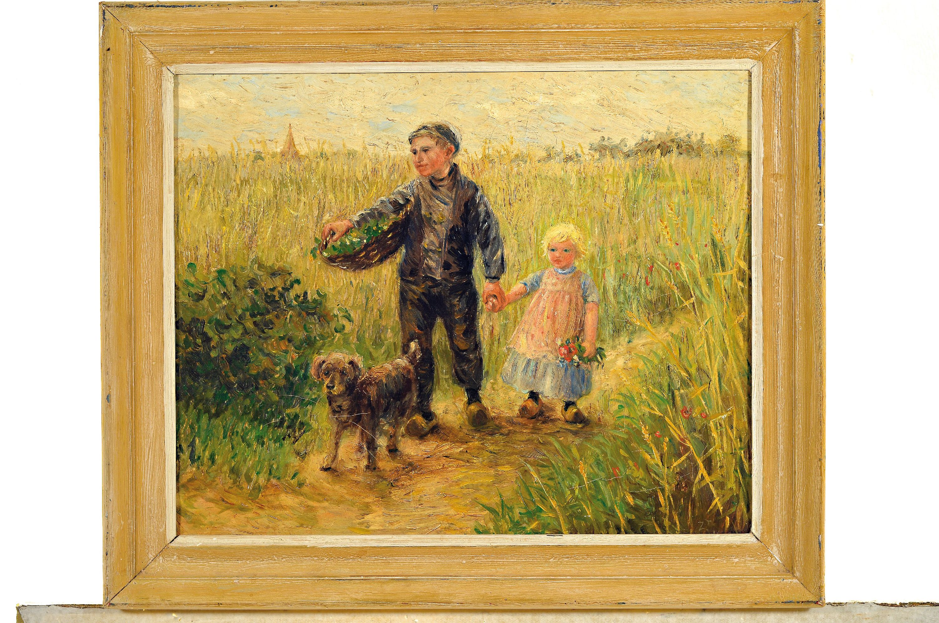 Detail k: Zuschreibung: Jan Zoetelief Tromp, 1872 Batavia-1947 Breteuil-sur-Iton, Kinderpaar mit Hund im Getreidefeld, Öl/Lwd, rechts unten monogrammiert ZT ...