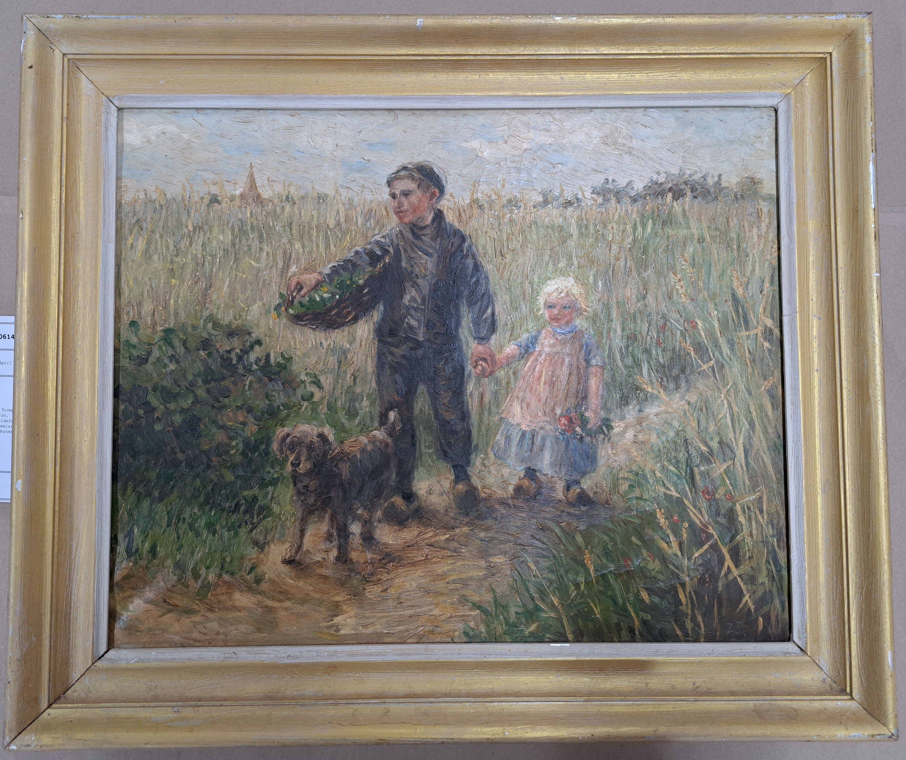 Detail l: Zuschreibung: Jan Zoetelief Tromp, 1872 Batavia-1947 Breteuil-sur-Iton, Kinderpaar mit Hund im Getreidefeld, Öl/Lwd, rechts unten monogrammiert ZT ...