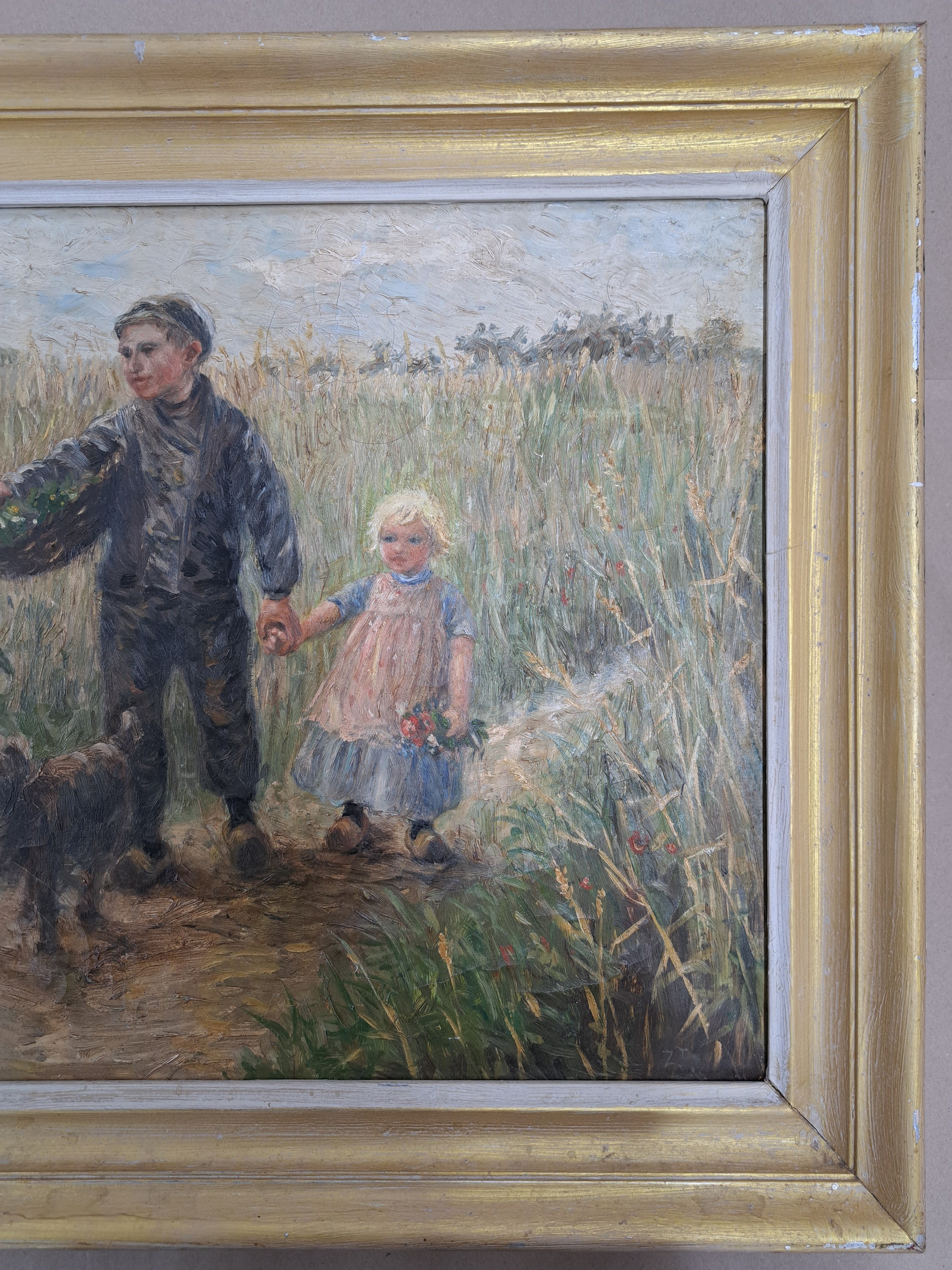 Detail m: Zuschreibung: Jan Zoetelief Tromp, 1872 Batavia-1947 Breteuil-sur-Iton, Kinderpaar mit Hund im Getreidefeld, Öl/Lwd, rechts unten monogrammiert ZT ...