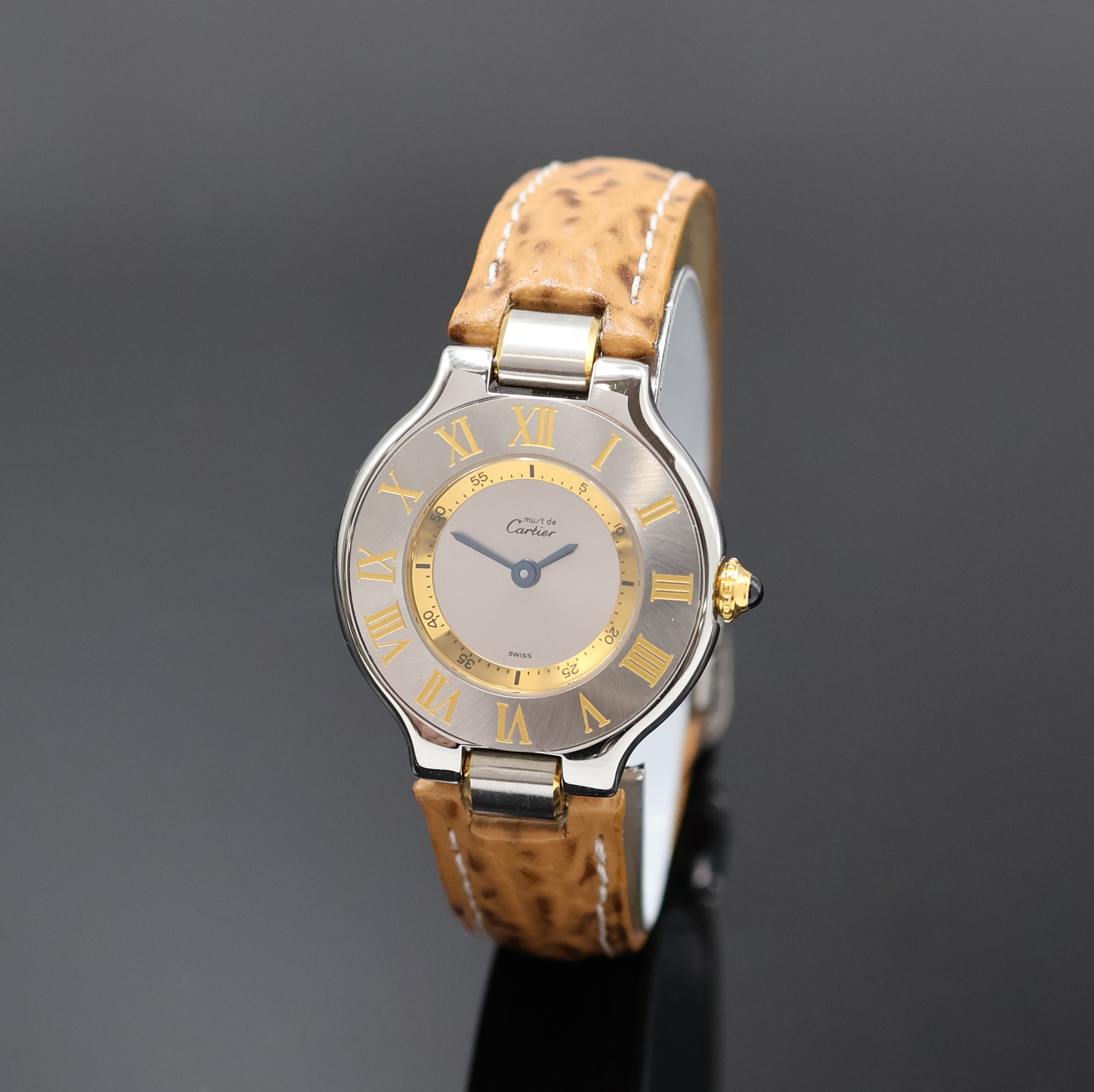 CARTIER Linie 21 Armbanduhr Referenz 1340, Schweiz um 1995, quarz, Stahlgeh., orig. Lederband m. Faltschl., Boden 6-fach verschr., Schmuckkrone, ...