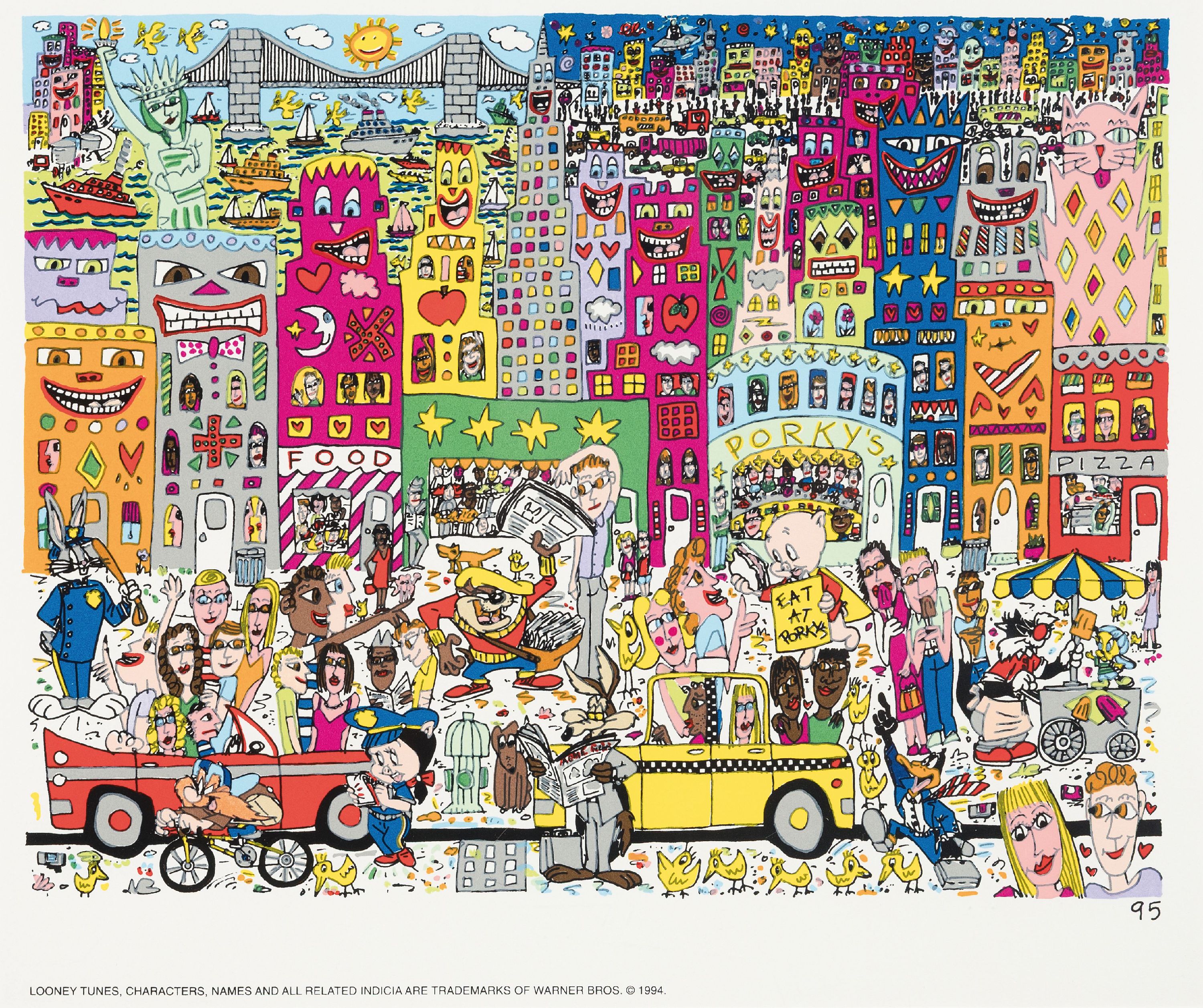 James Rizzi, 1950-2011, Farbsiebdruck, "EAT AT PORKYS mit Looney Tunes Characters, dat. 95, mit Plexisglas gerahmt, R., ca.50x40 cm