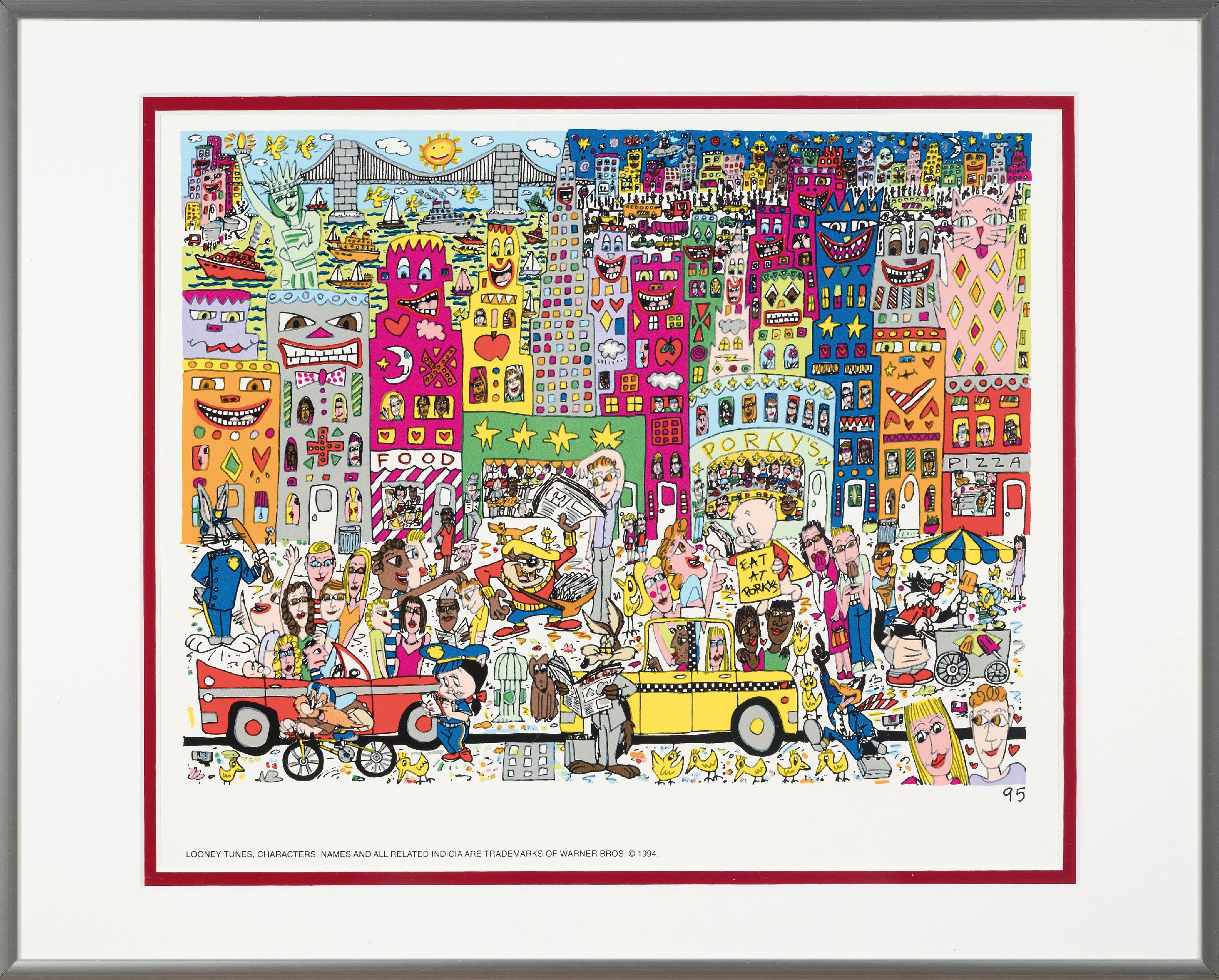 Detail k: James Rizzi, 1950-2011, Farbsiebdruck, "EAT AT PORKYS mit Looney Tunes Characters, dat. 95, mit Plexisglas gerahmt, R., ca.50x40 cm